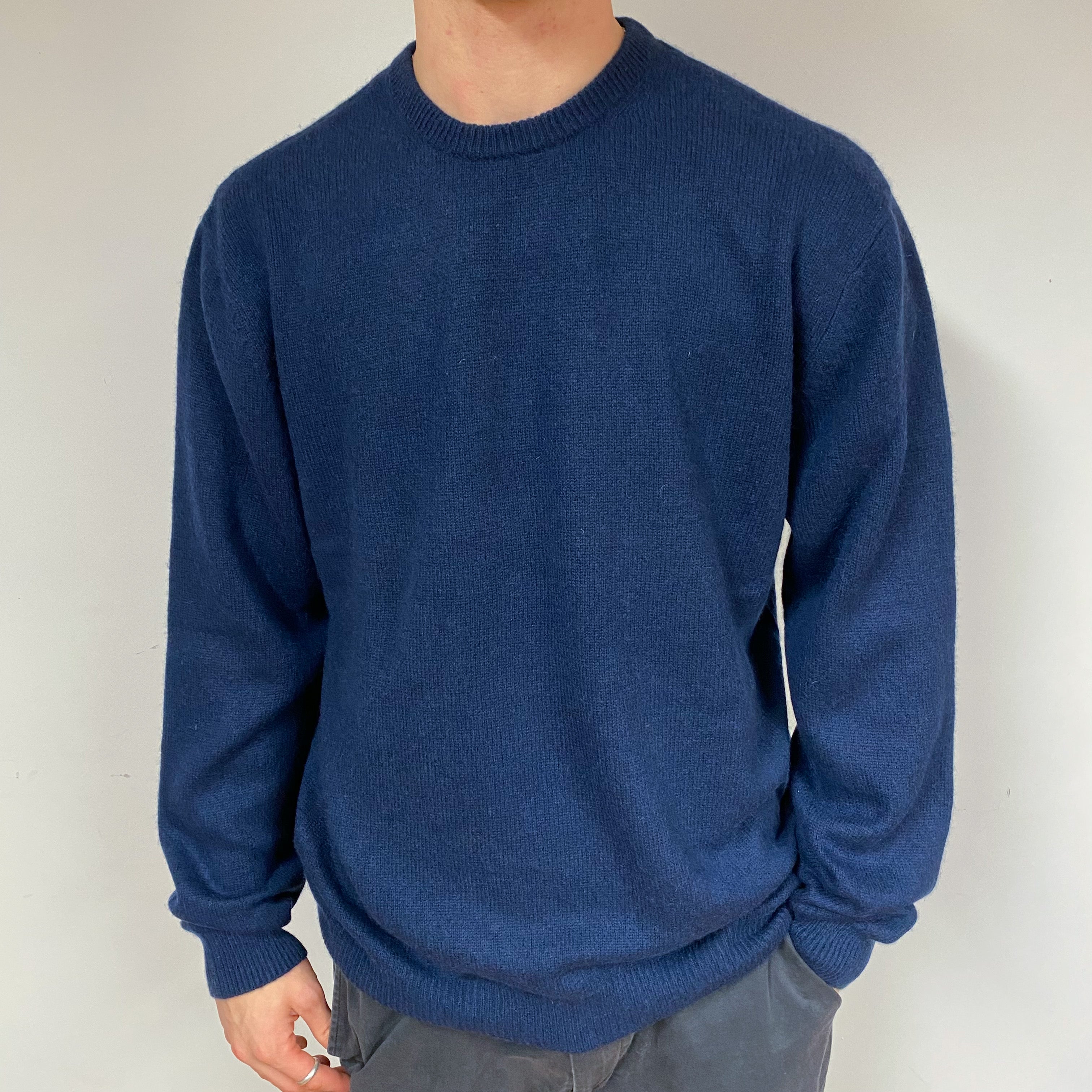 Men's Navy Blue Cashmere Crew Neck Jumper Large