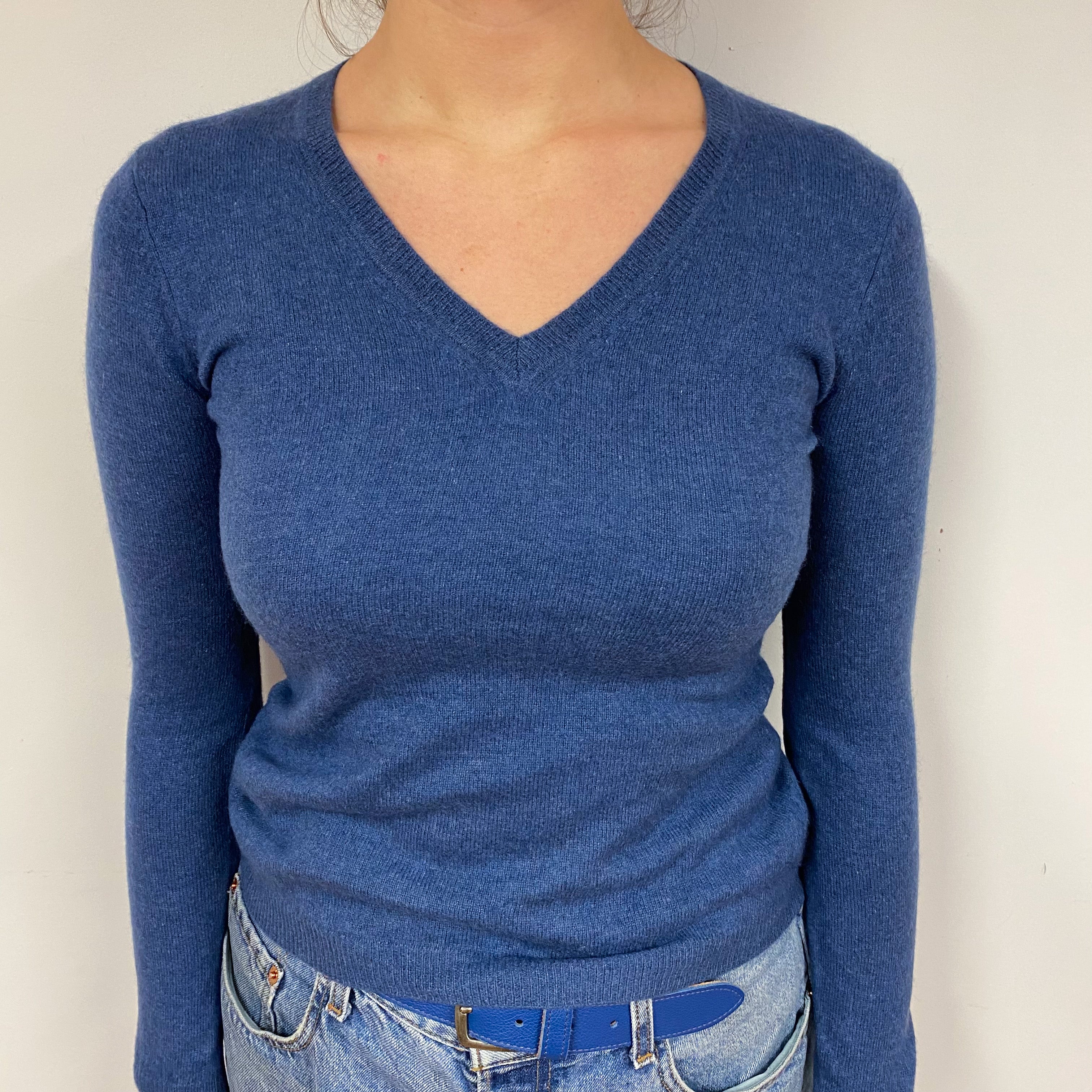 Naval Blue Cashmere V-Neck Jumper Small