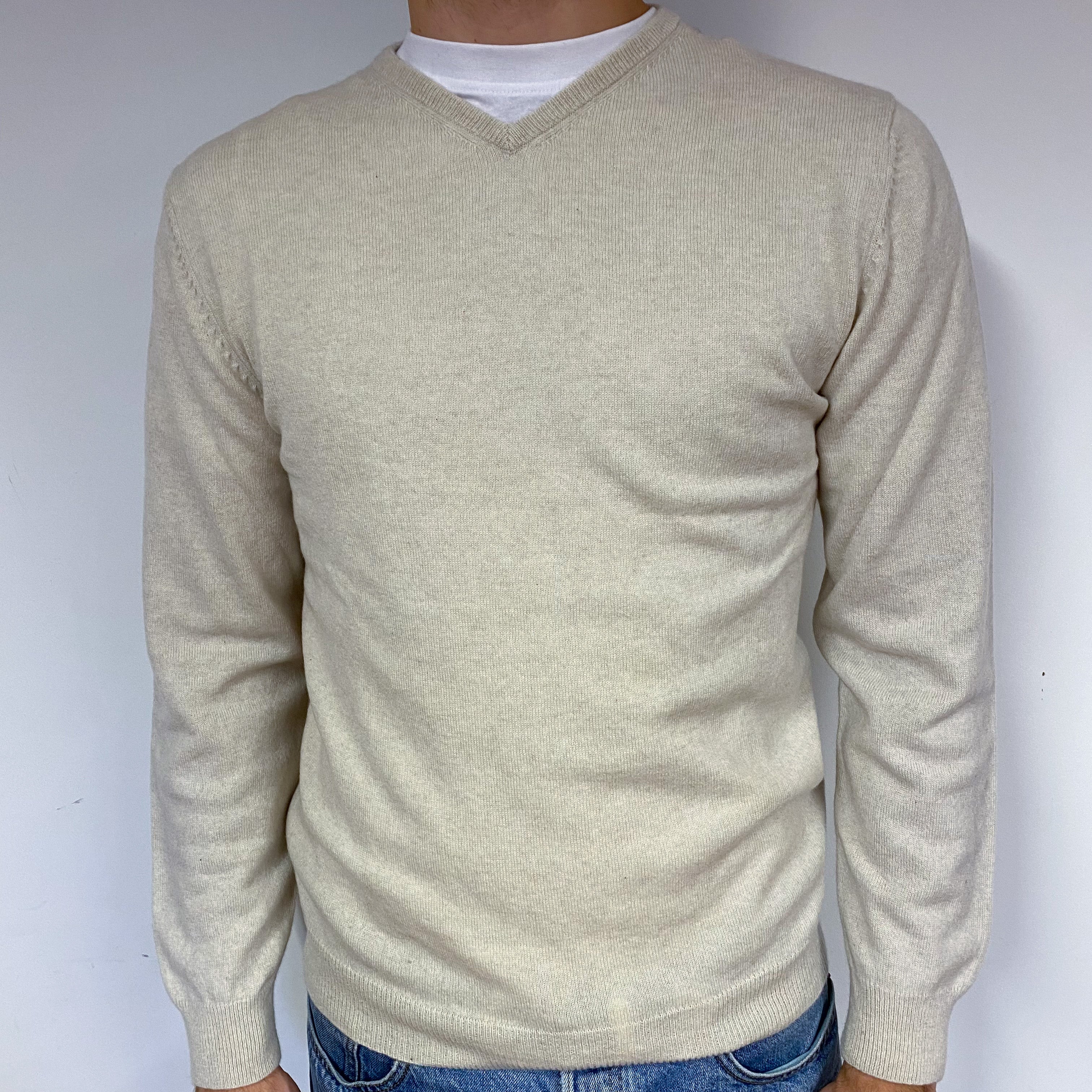 Men's Oatmeal Beige Cashmere V-Neck Jumper