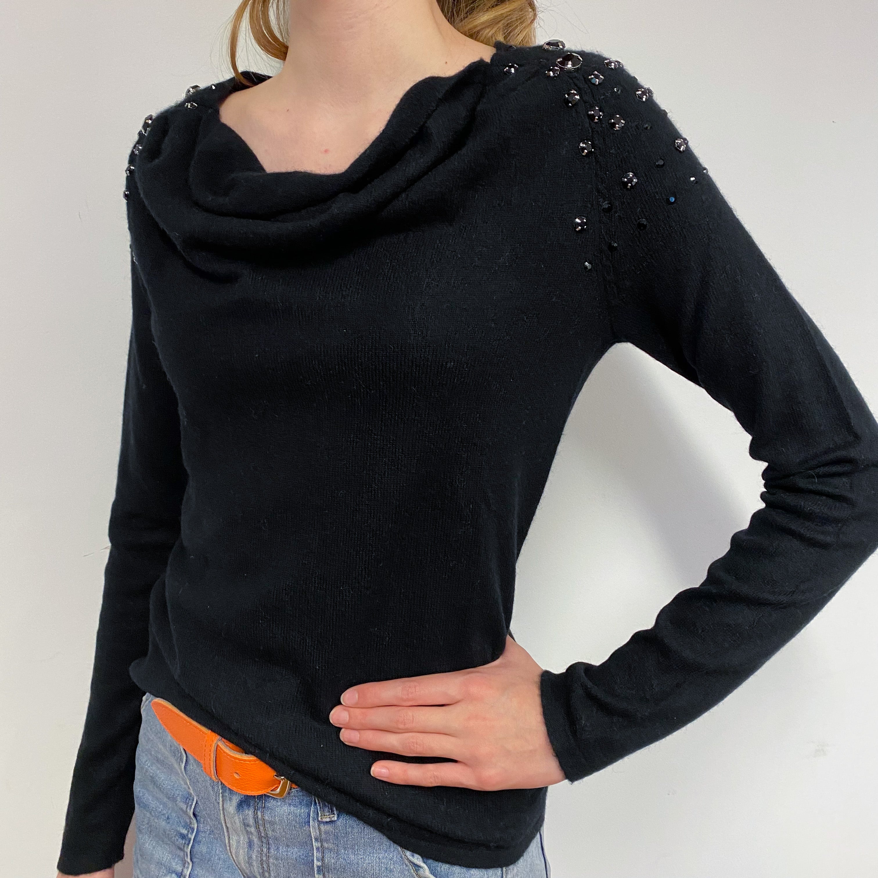 Black Bejewelled Cashmere Cowl Neck Jumper