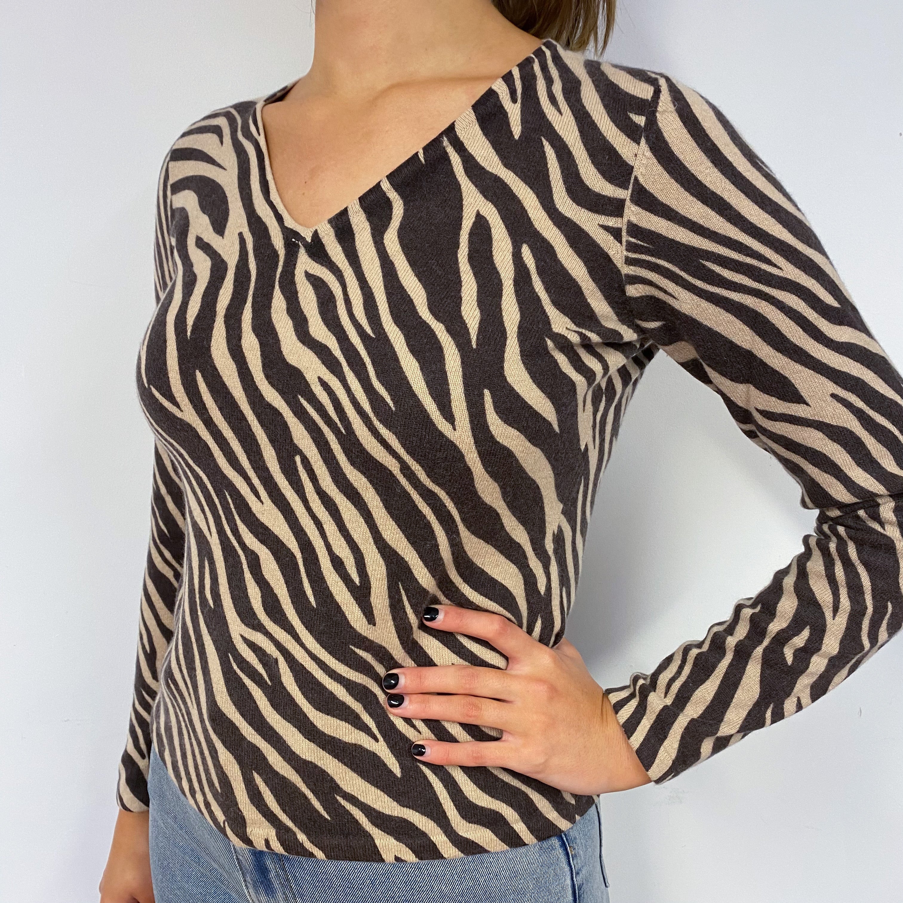 Chocolate Brown Zebra Cashmere V-Neck Jumper Small