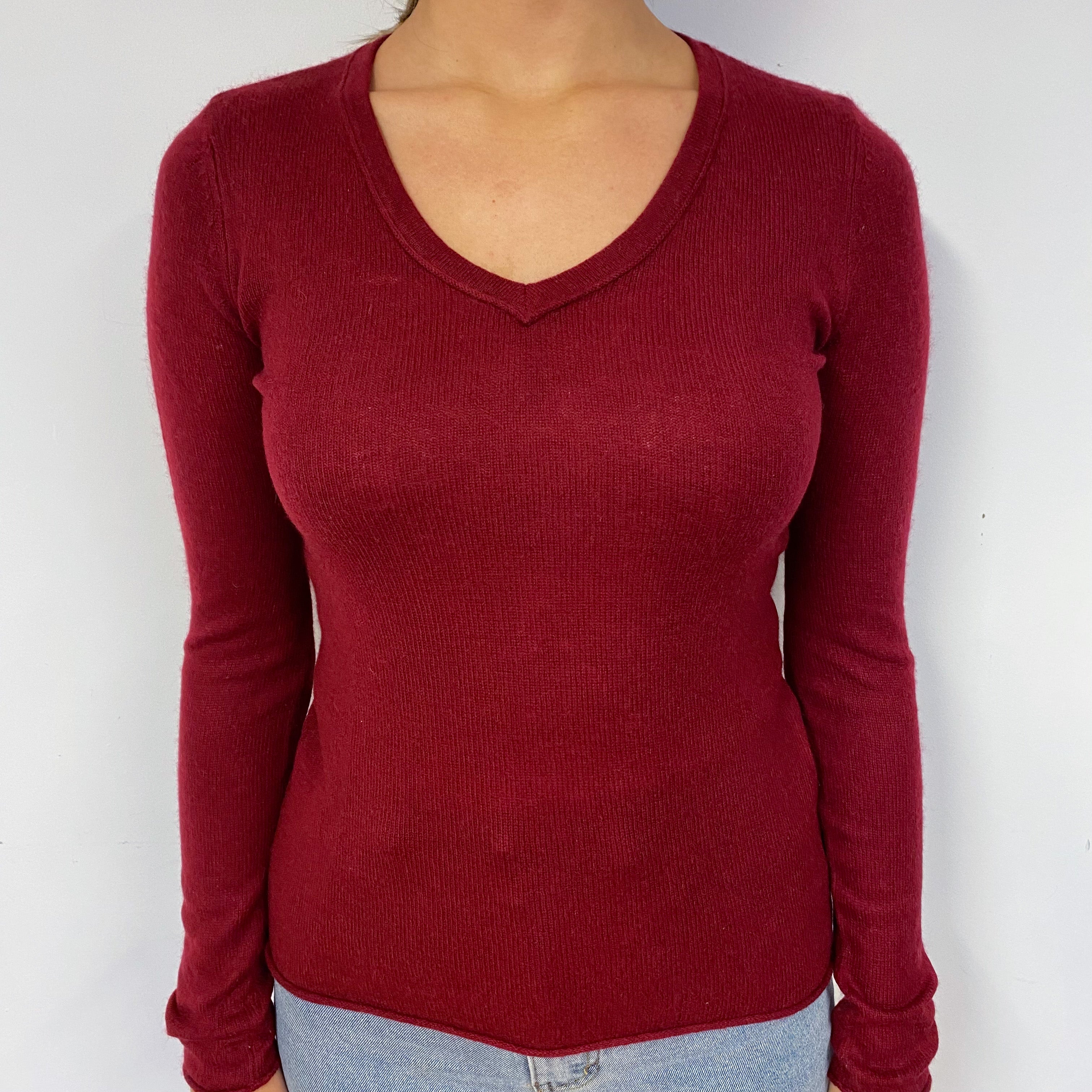 Burgundy Red Cashmere V-Neck Jumper Small