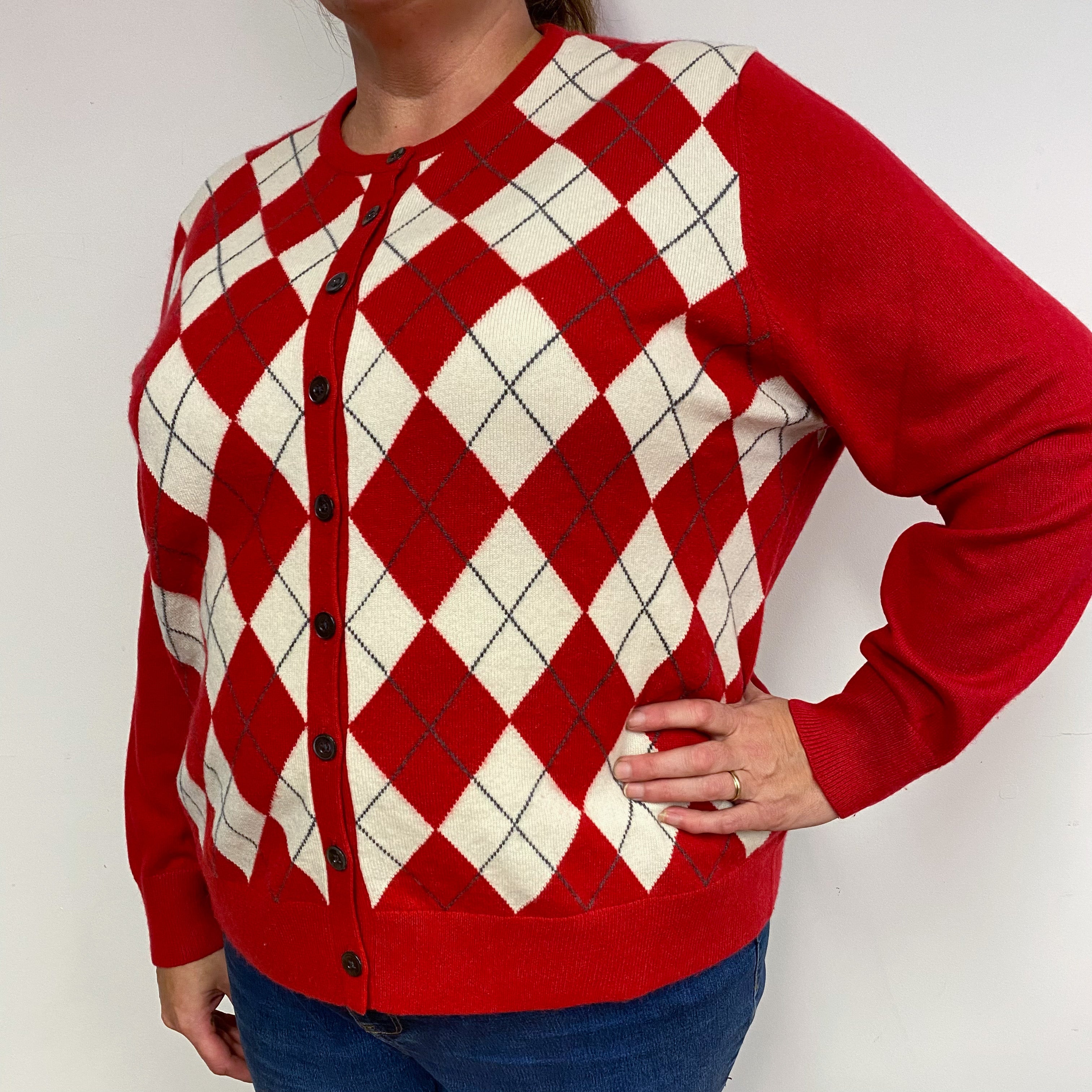 Red and Cream Diamond Cashmere Crew Neck Cardigan Extra Extra Large