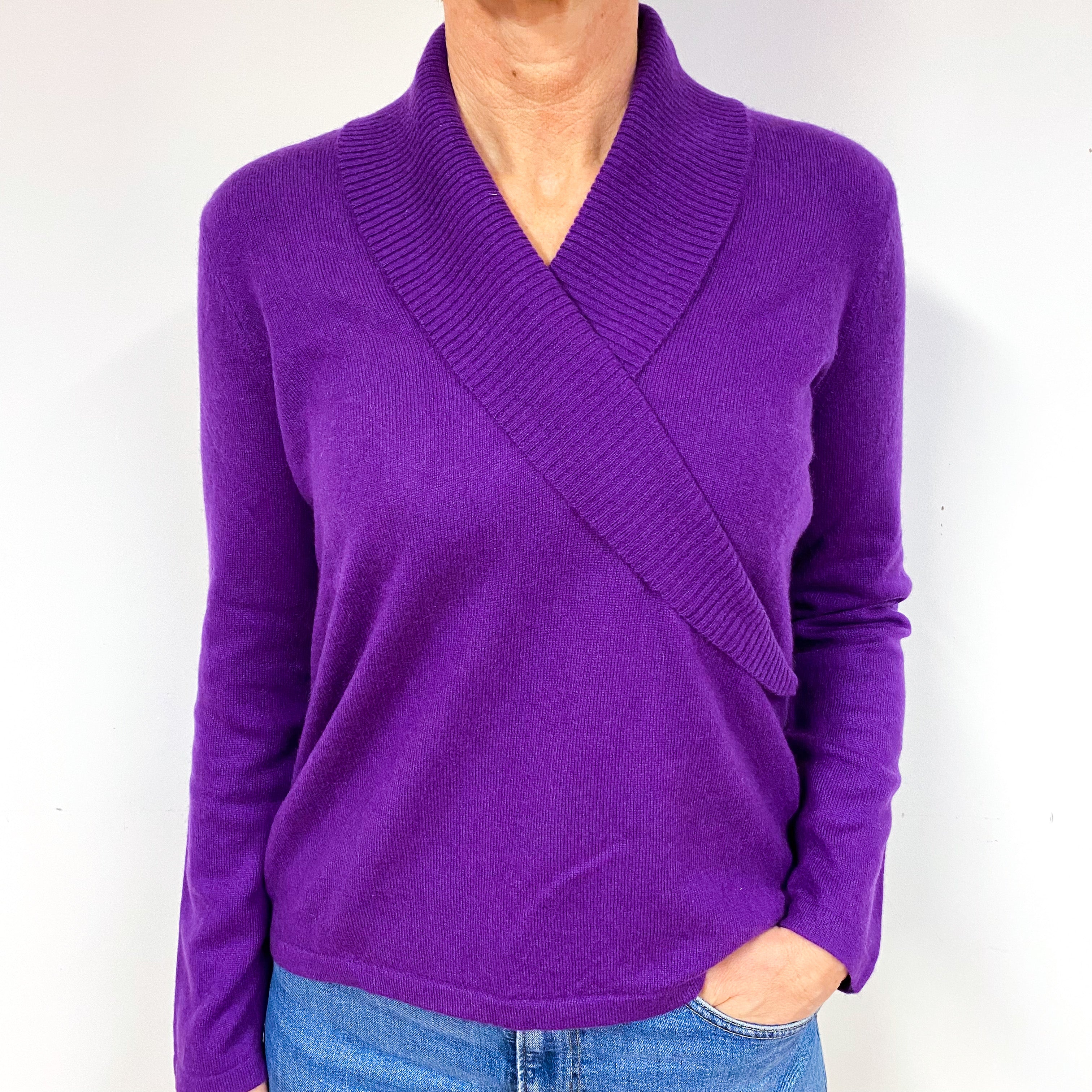 Violet Purple Shawl Collar Cashmere V-Neck Jumper Medium