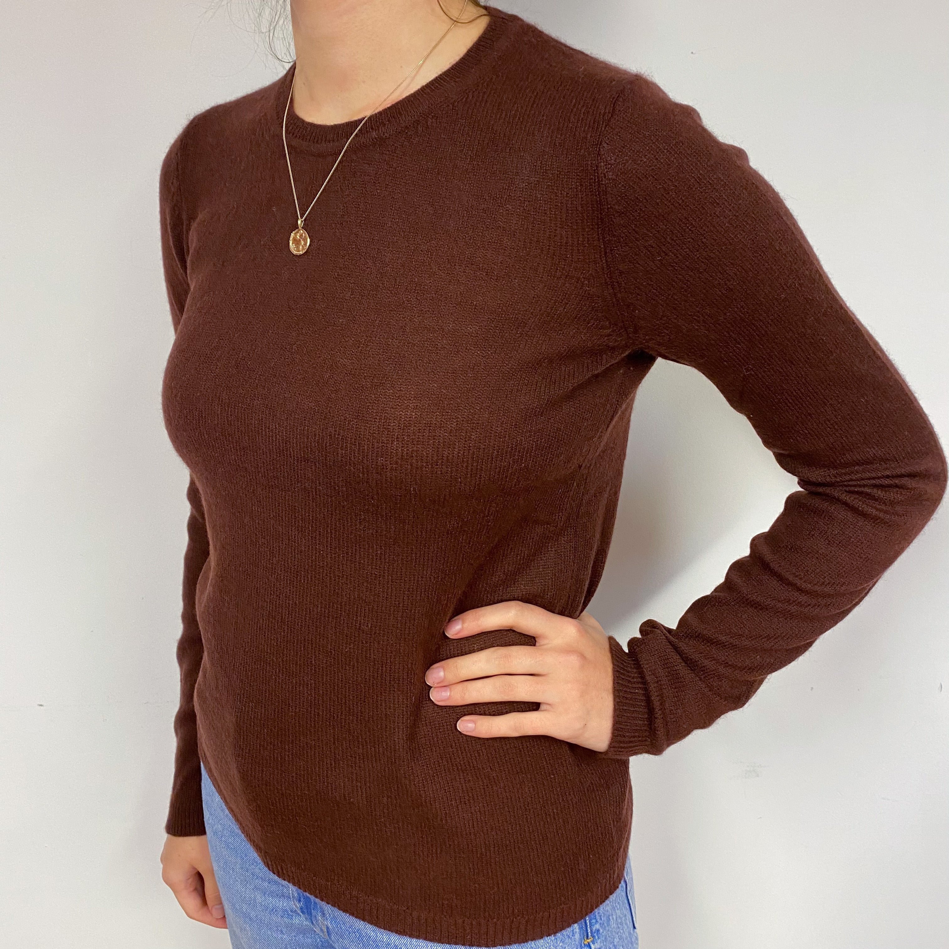 Warm Chocolate Brown Cashmere Crew Neck Jumper Small