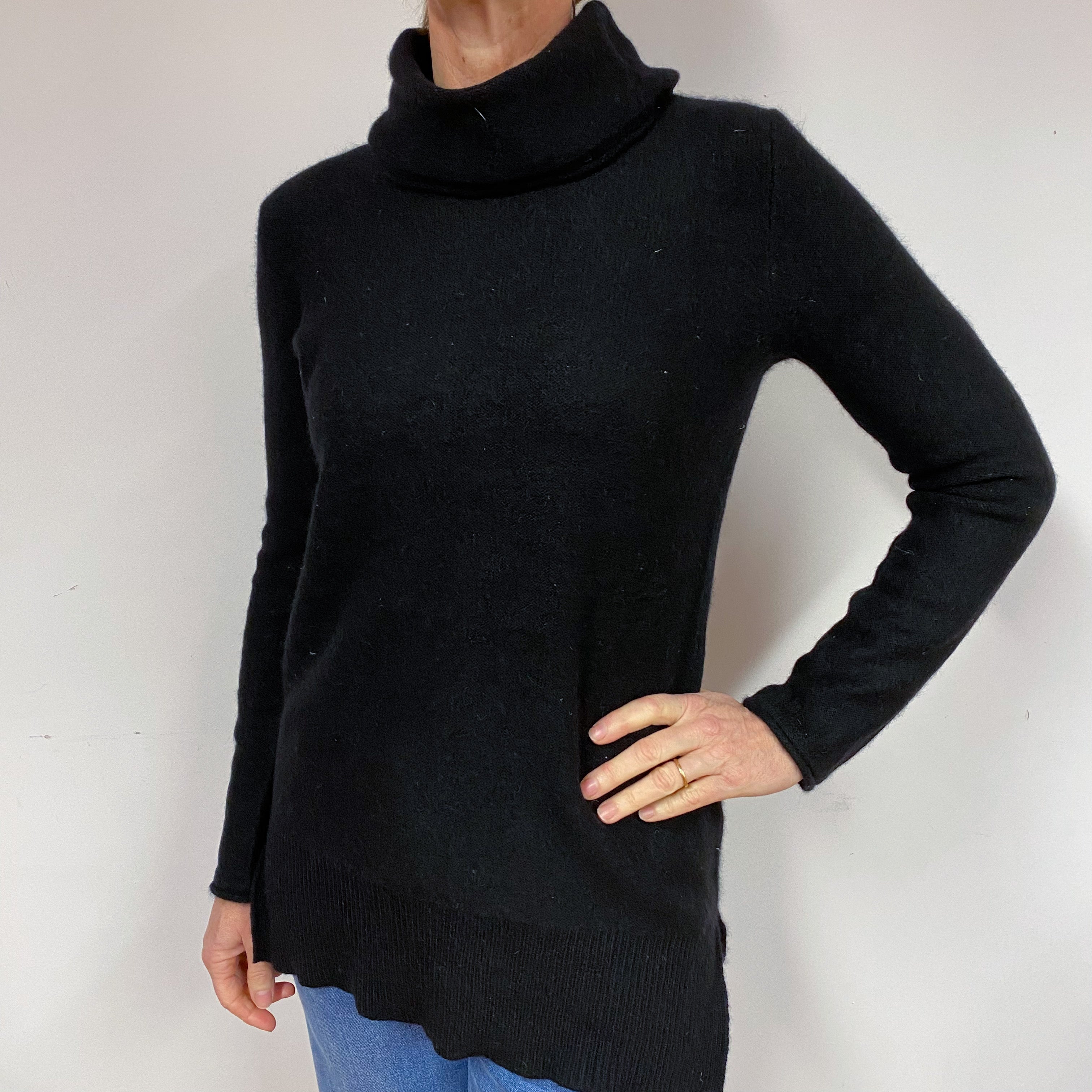 Black Longline Cashmere Polo Neck Jumper Medium