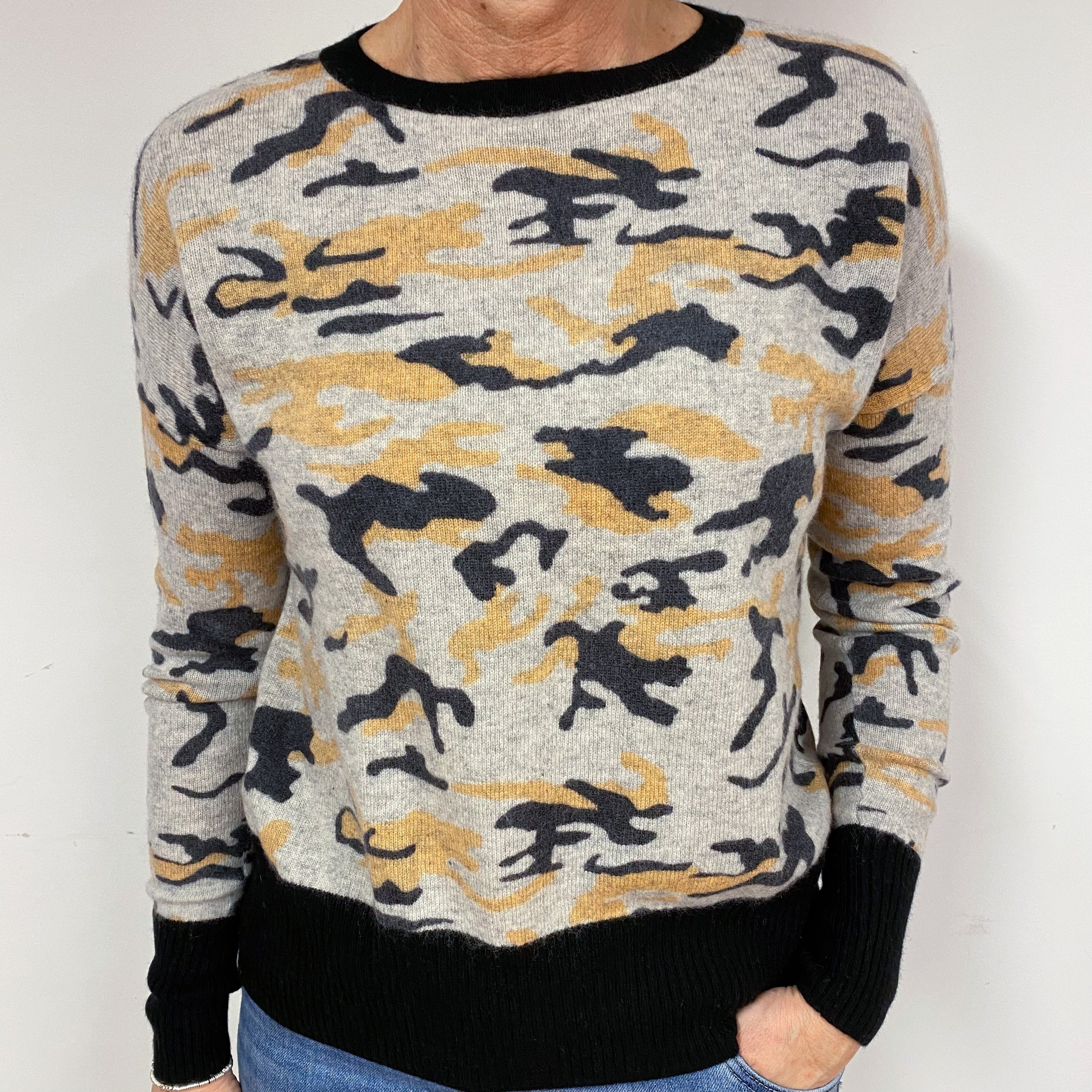 Grey and Apricot Camouflage Cashmere Crew Neck Jumper Medium