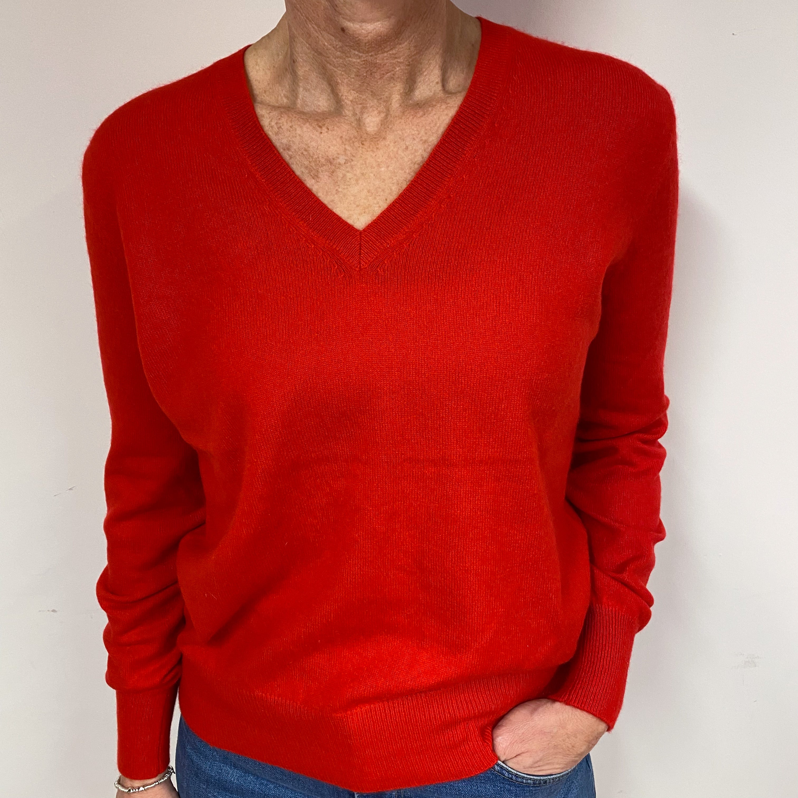 Vermillion Red Cashmere V-Neck Jumper Medium