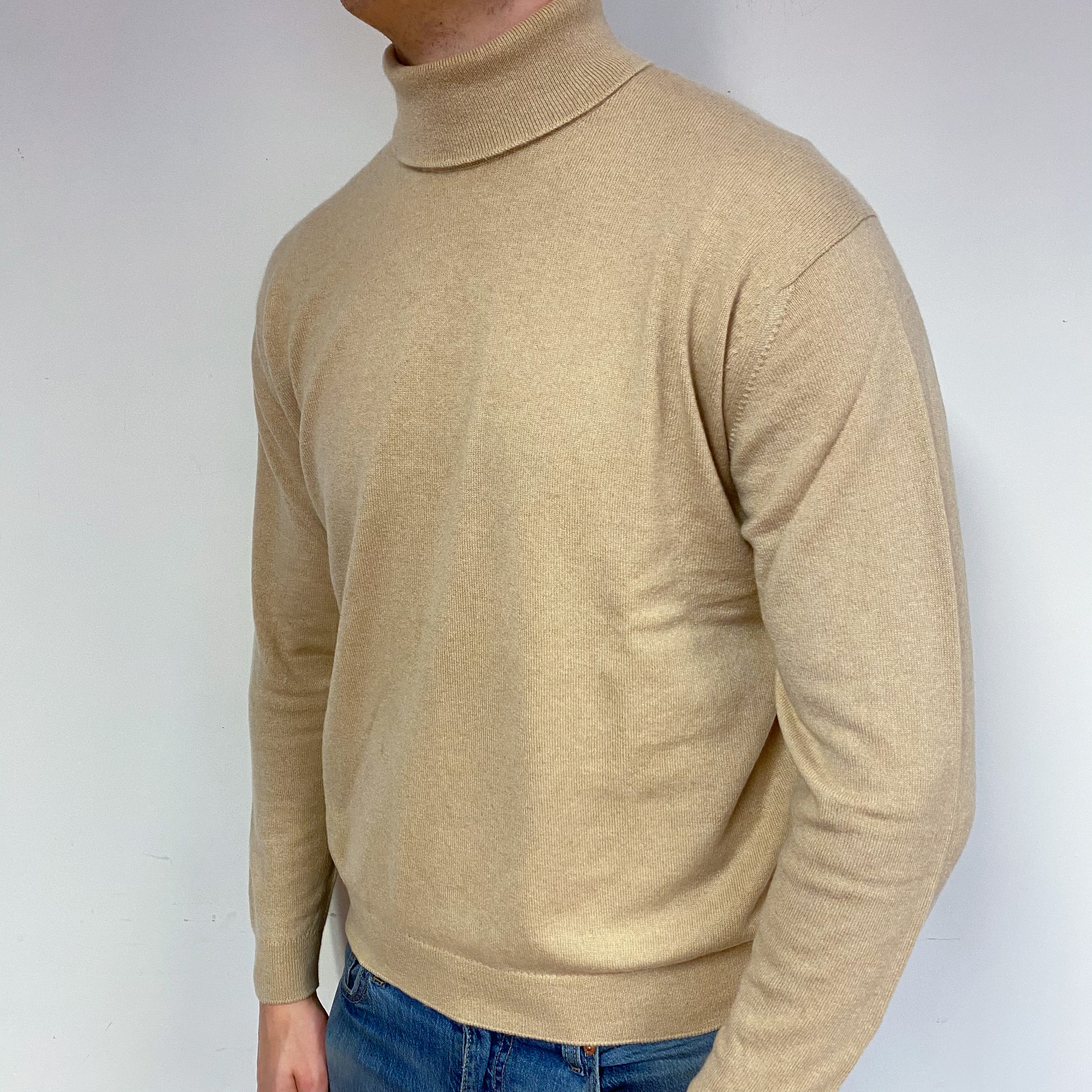 Men's Sand Cashmere Polo Neck Jumper XL