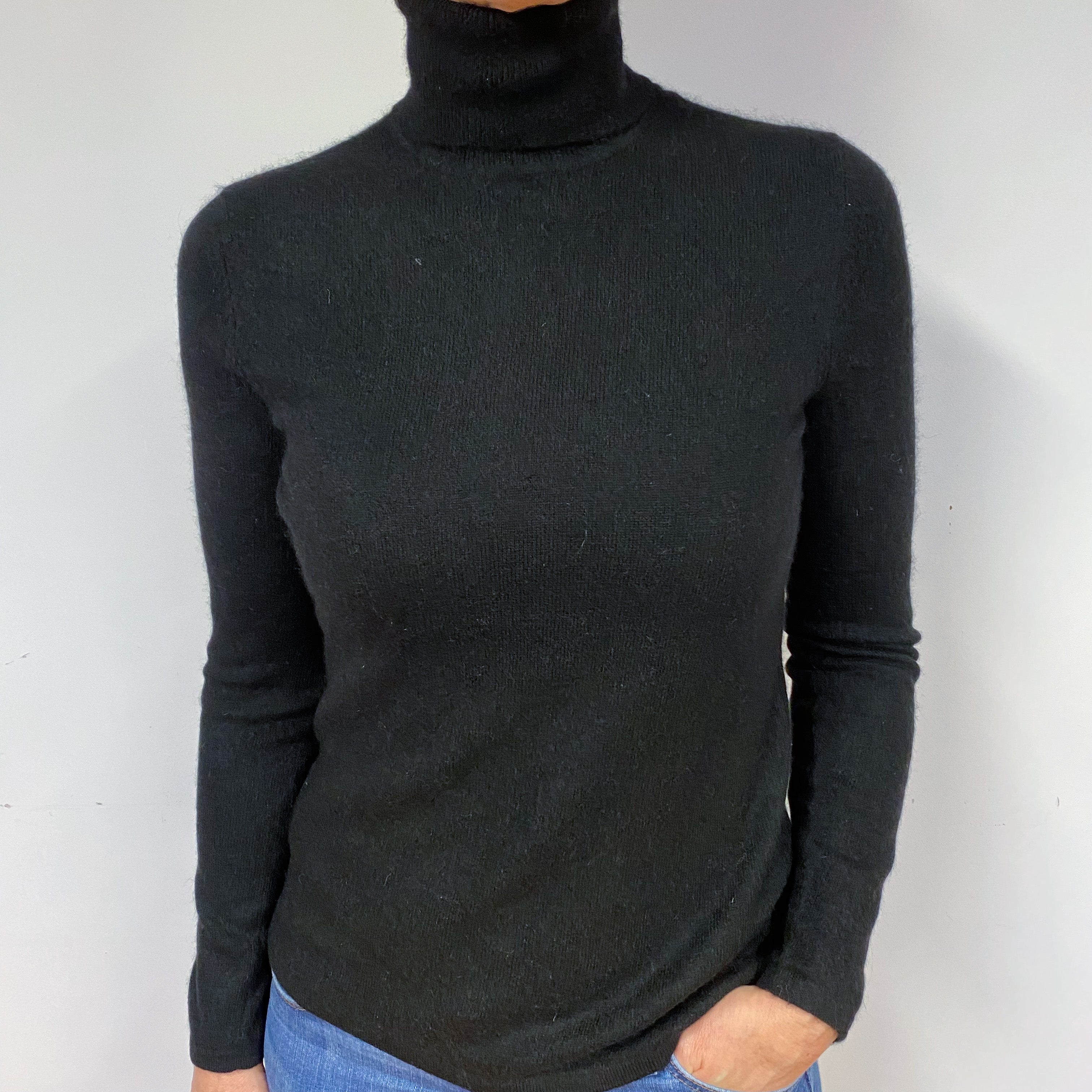 Slim Black Cashmere Polo Neck Jumper Medium