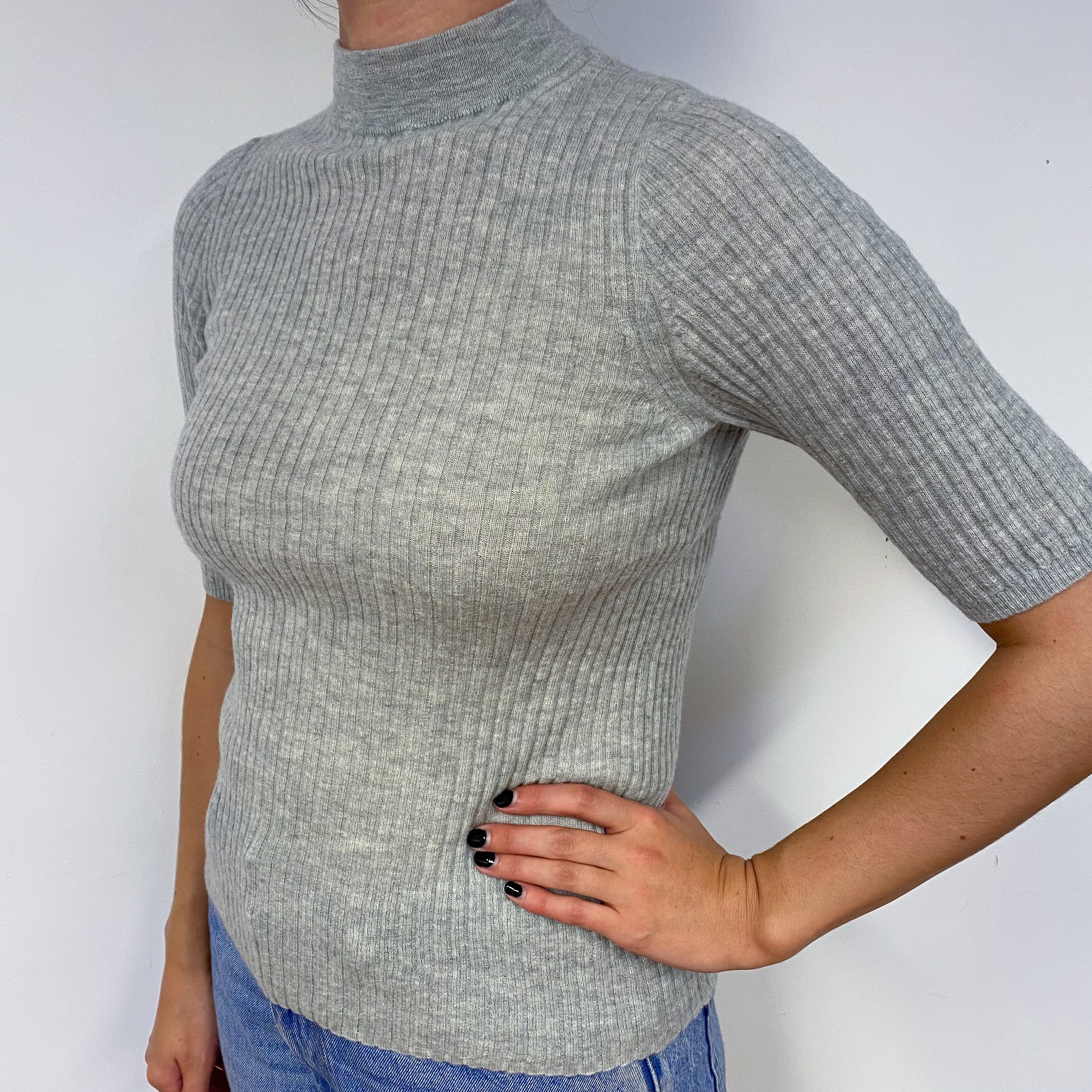 Grey Cashmere Short Sleeved Turtle Neck Jumper Small