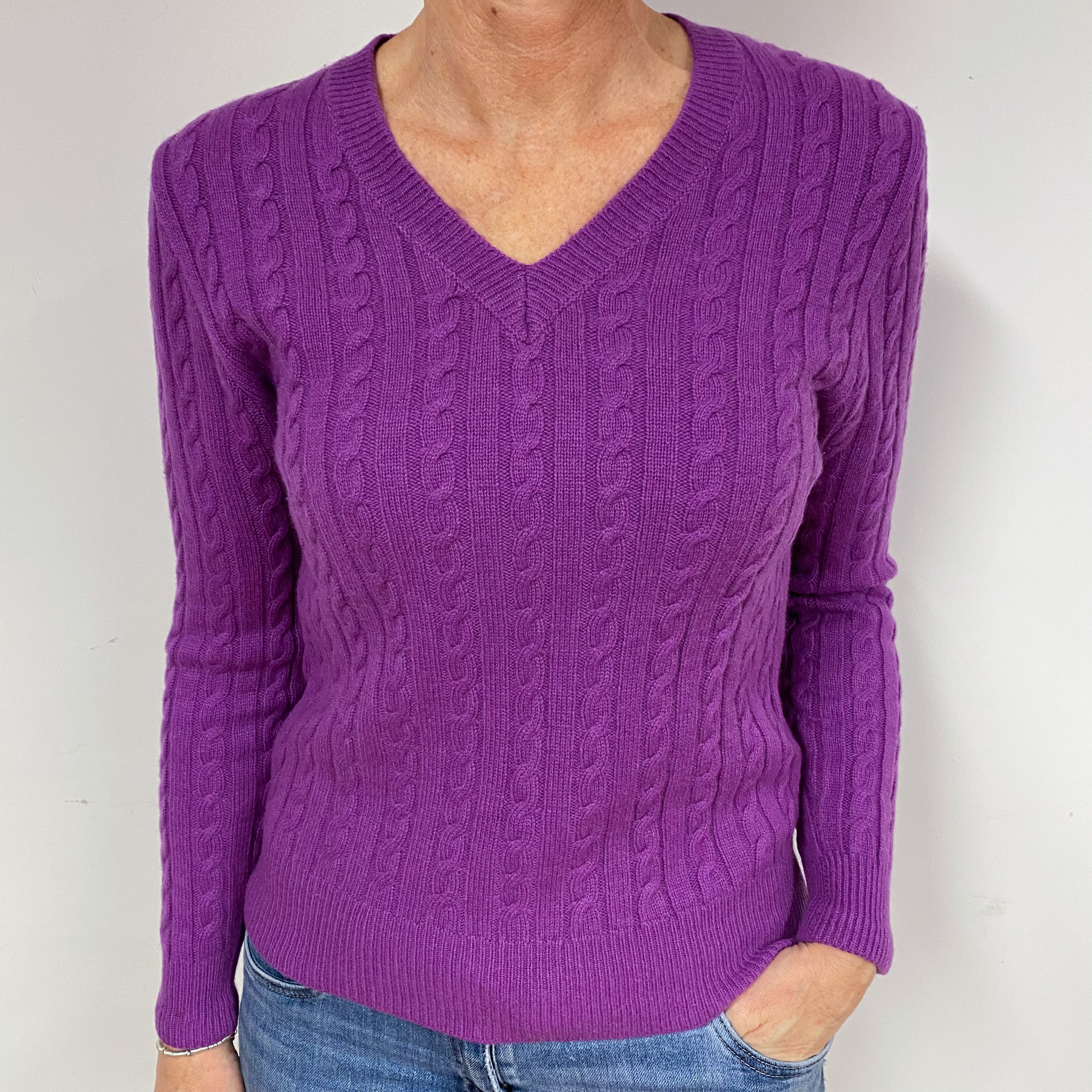 Viola Purple Cable Cashmere V-Neck Jumper Medium