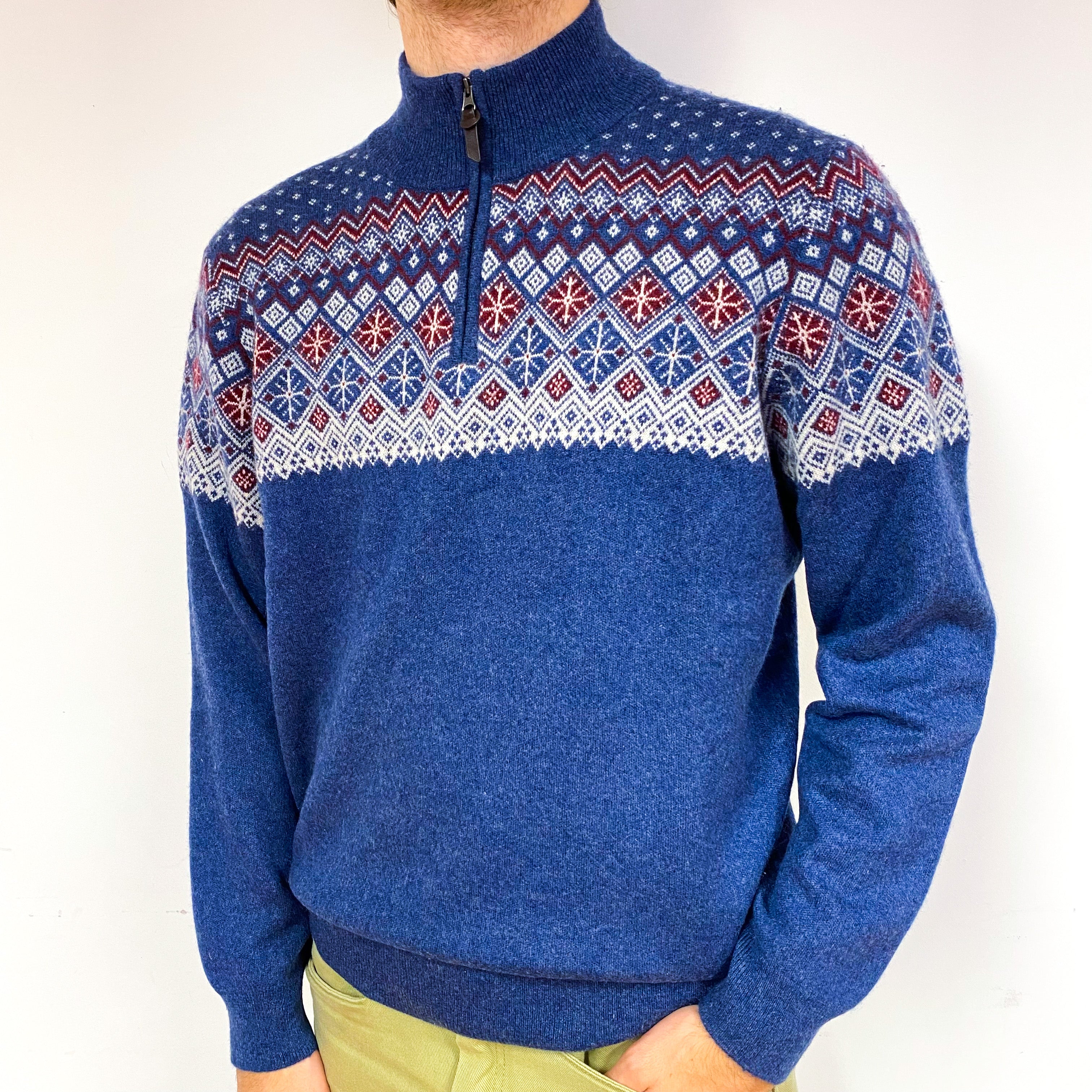 Men's Blue Fair Isle Cashmere 1/4 Zip Jumper Large