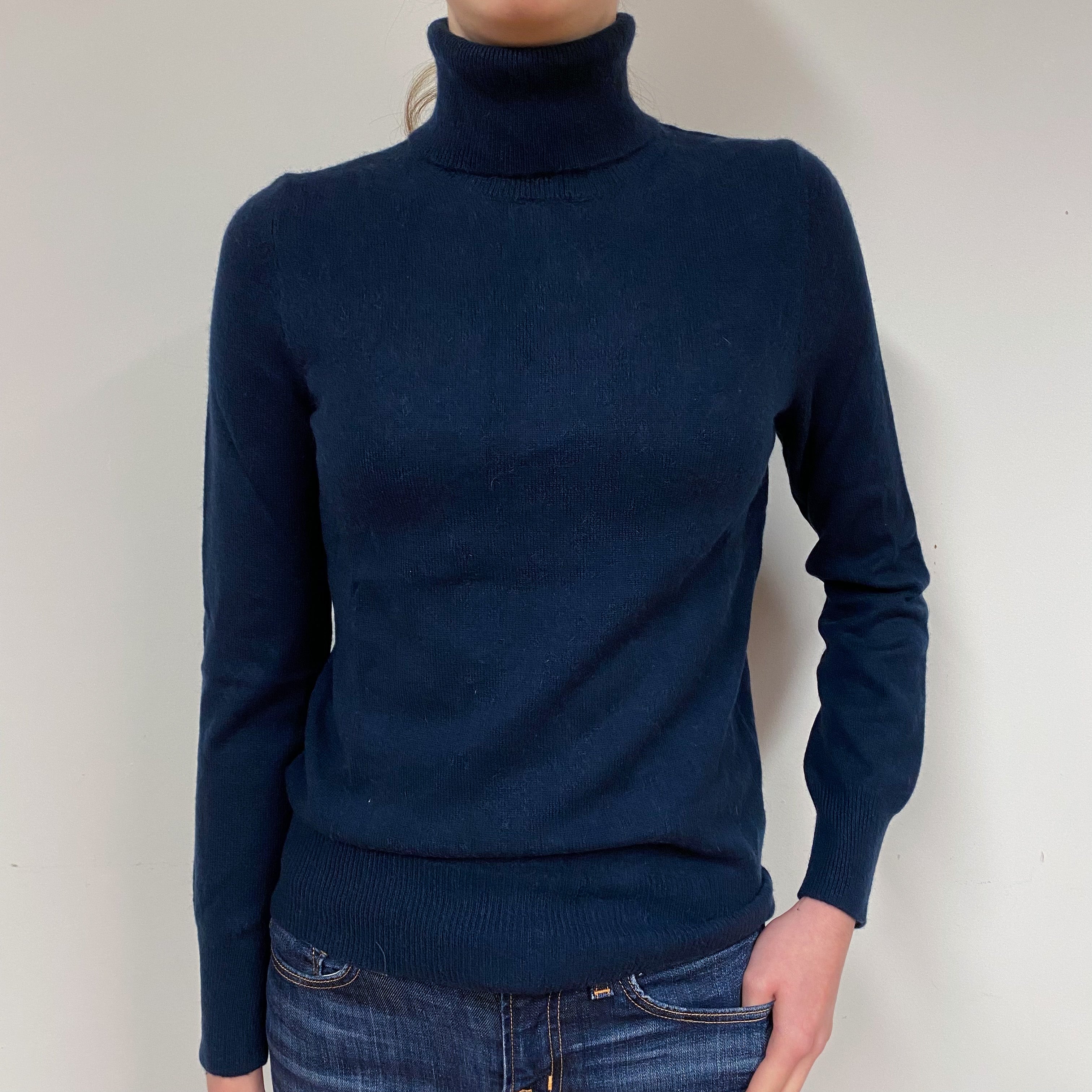 Dark Navy Blue Cashmere Polo Neck Jumper Extra Small