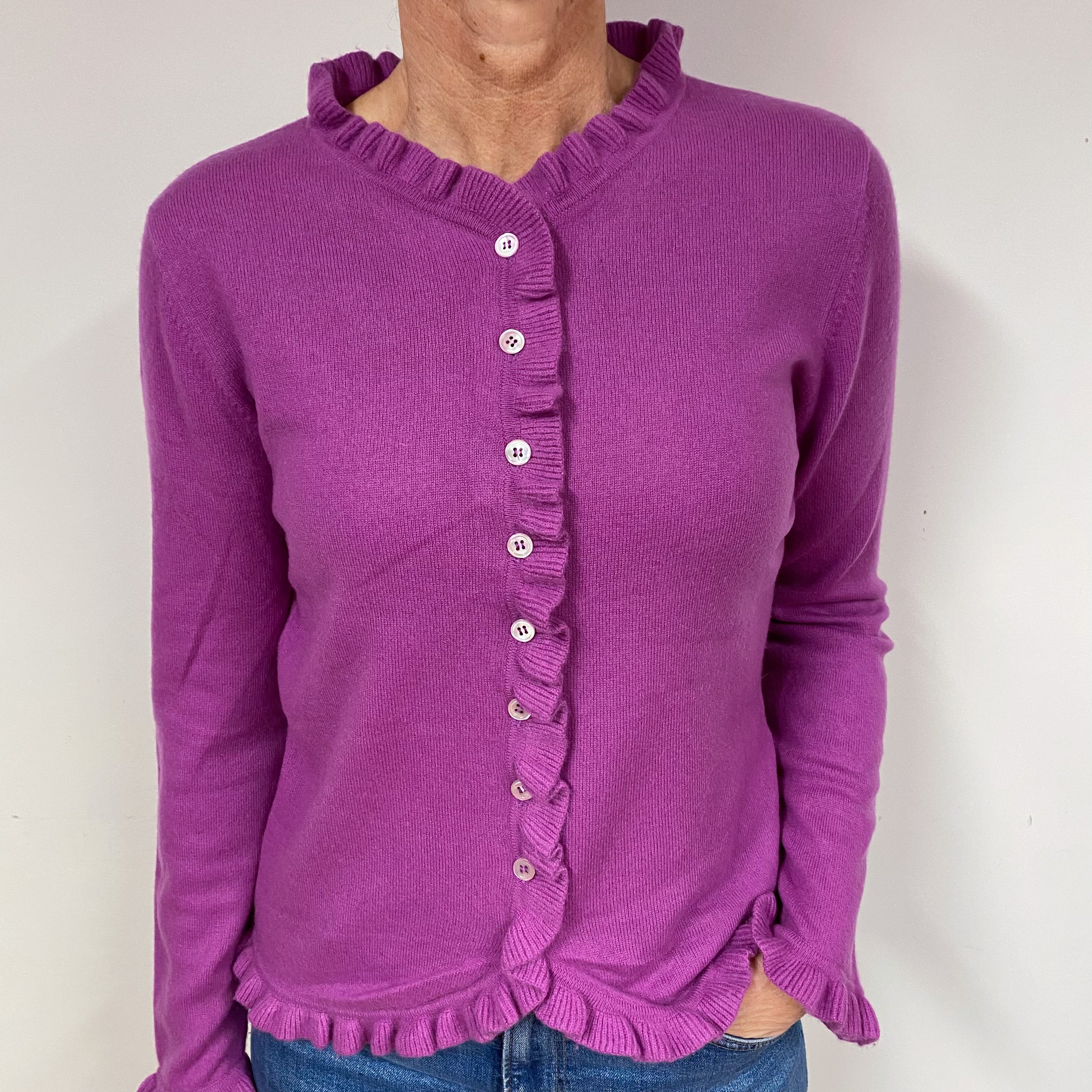 Magenta Purple Frill Cashmere Crew Neck Cardigan Medium