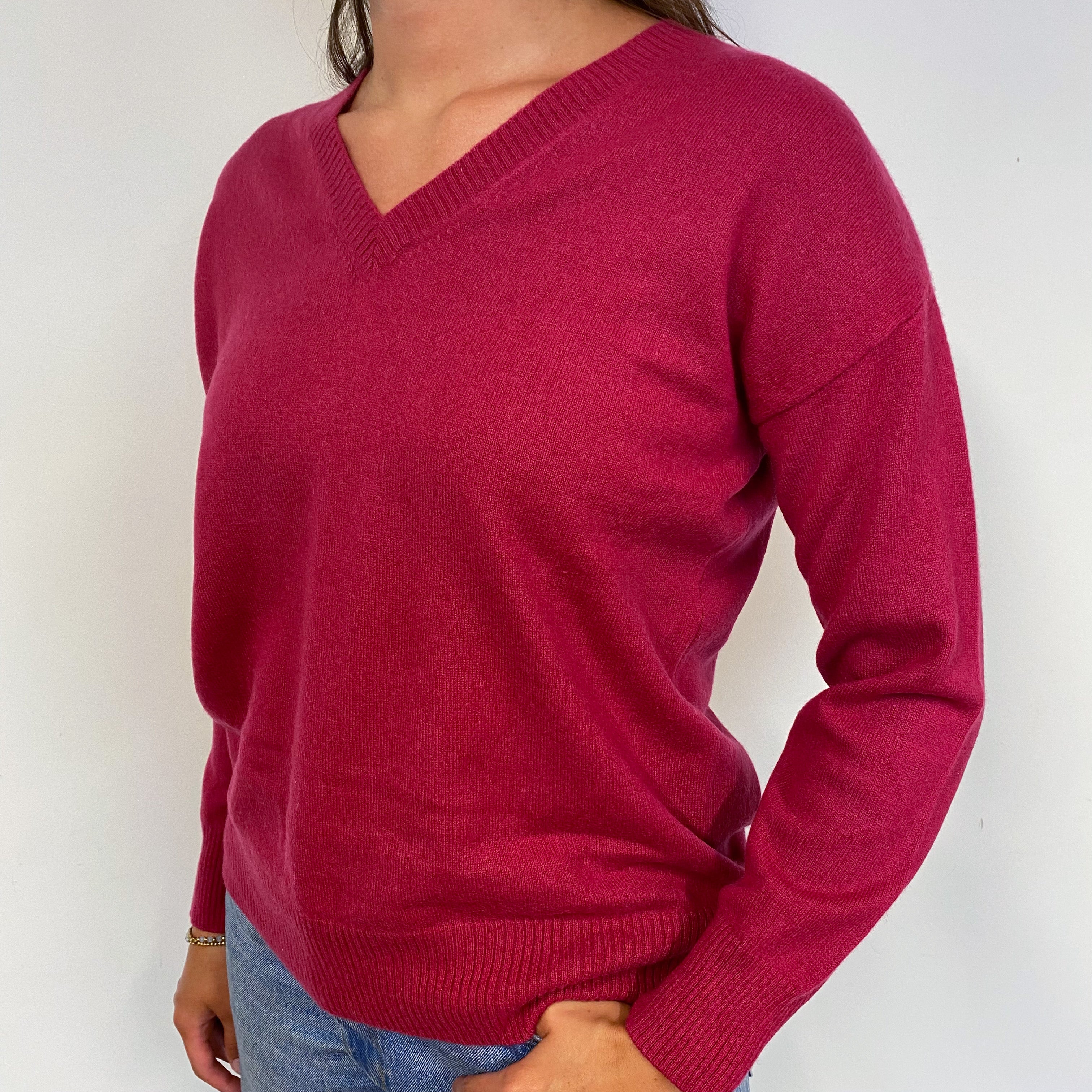 Slouchy Cherry Pink Cashmere V-Neck Jumper