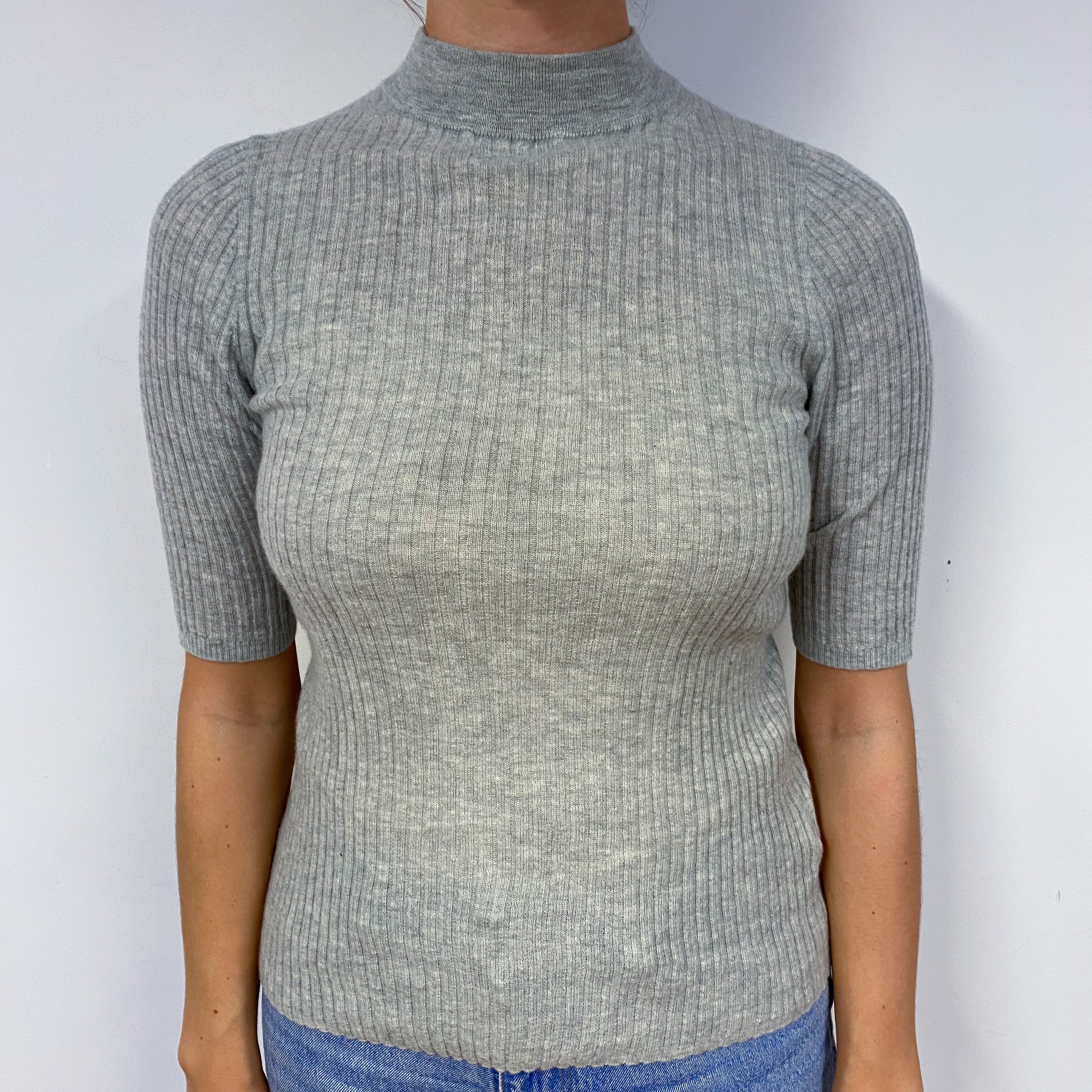 Grey Cashmere Short Sleeved Turtle Neck Jumper Small