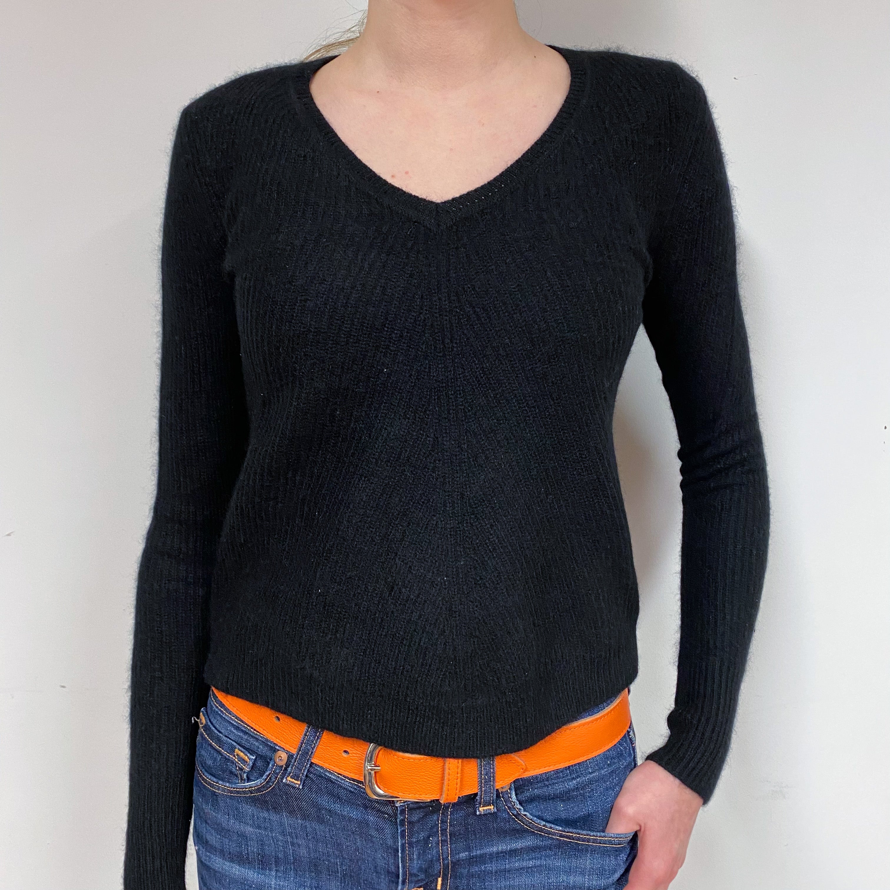 Black Ribbed Cashmere V-Neck Jumper Extra Small