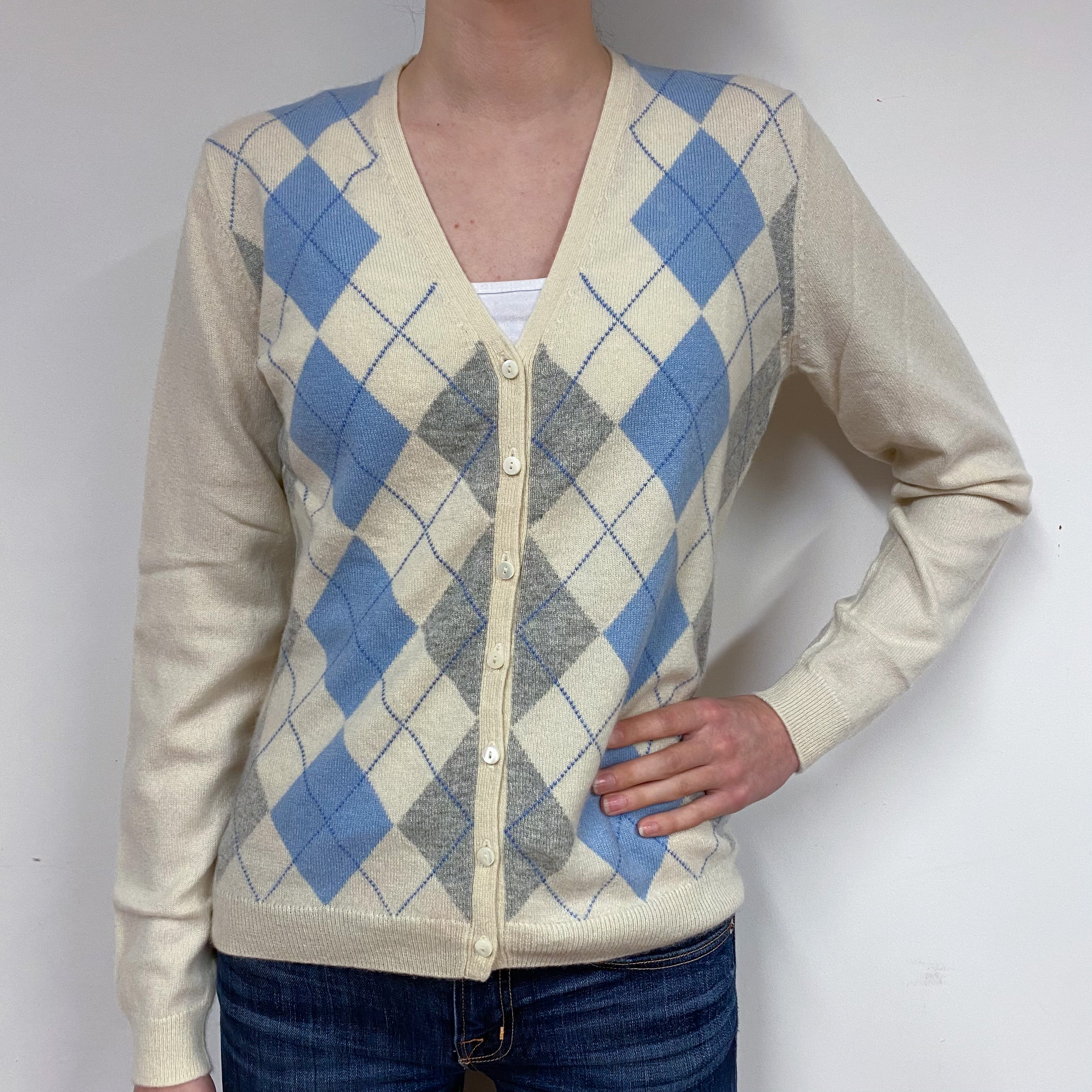 Vanilla Cream Diamond Cashmere V-Neck Cardigan Extra Small