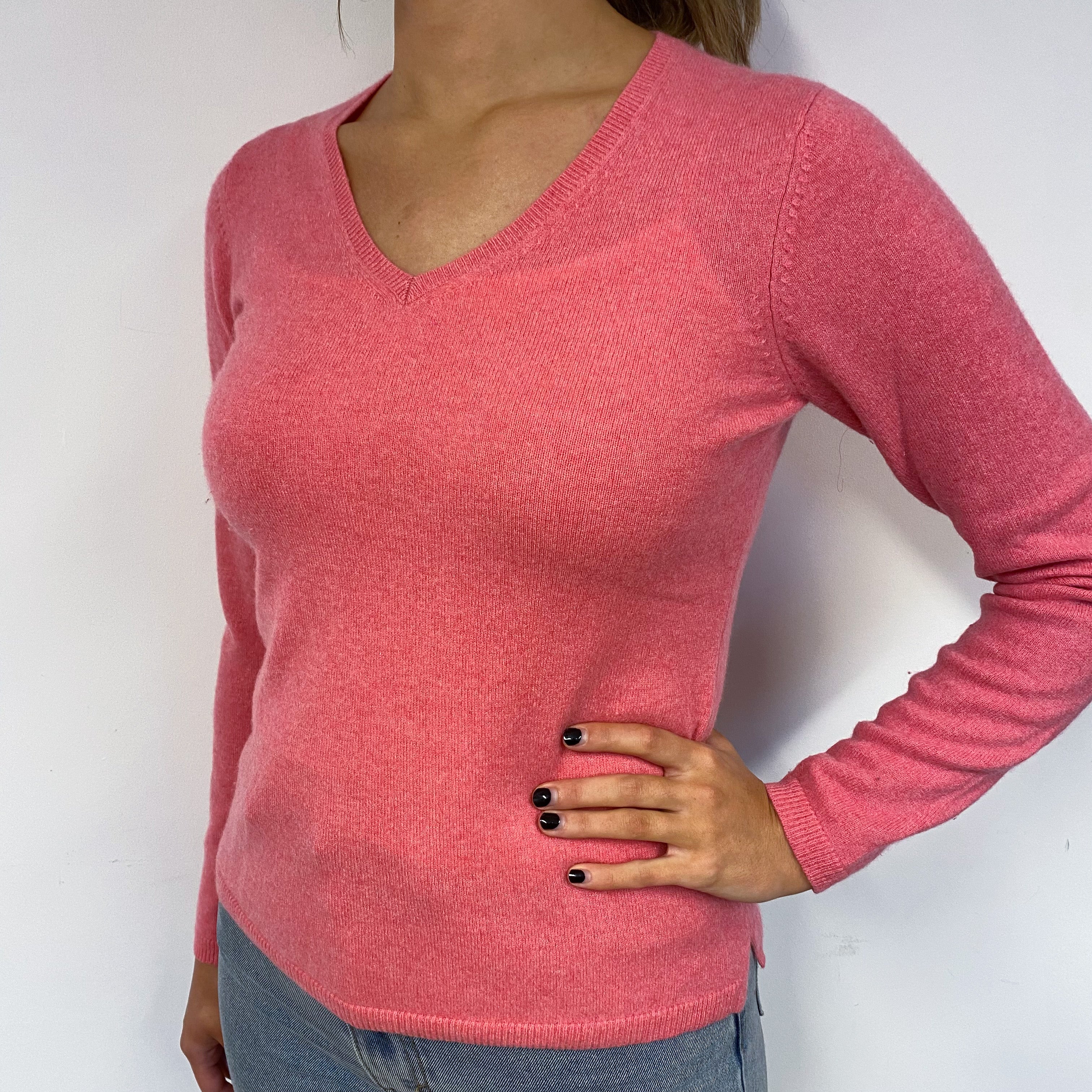 Deep Flamingo Pink Cashmere V-Neck Jumper Small