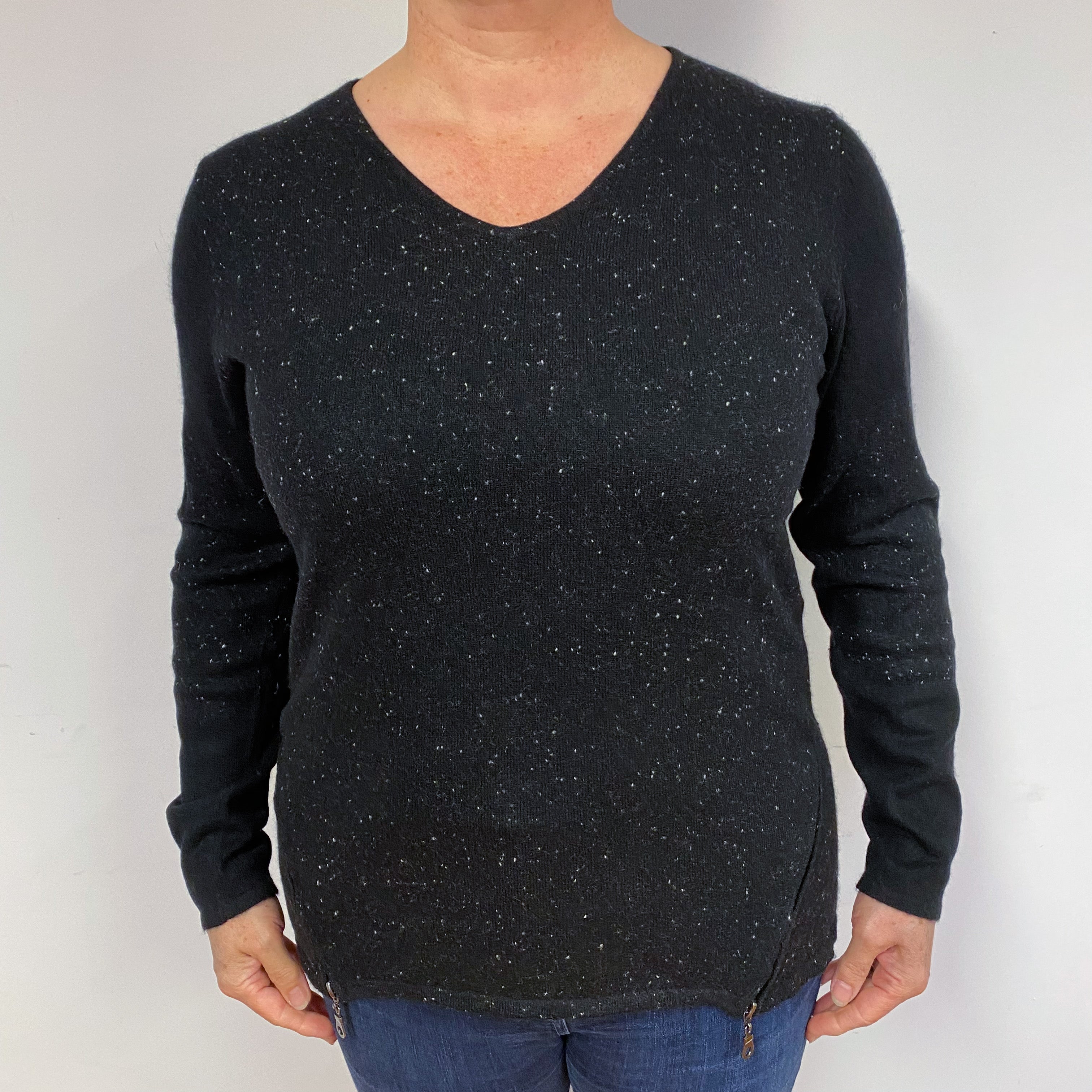 Longer Style Black Cashmere V-Neck Jumper Large