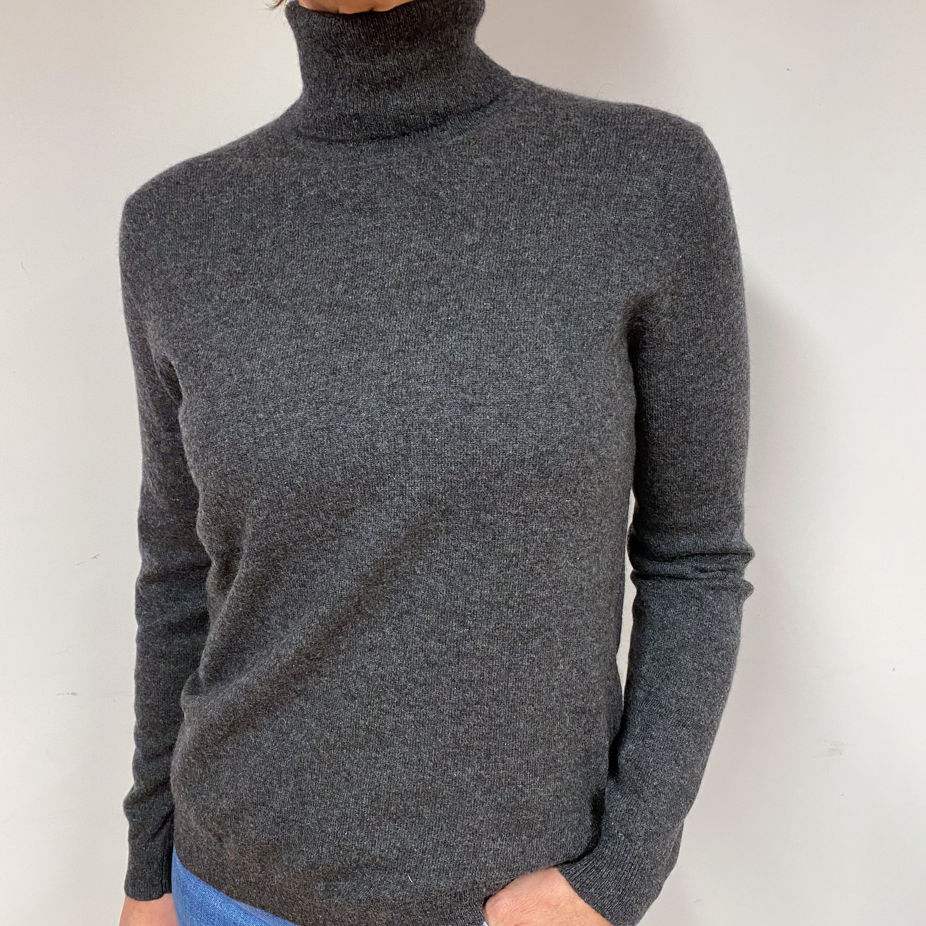 Charcoal Grey Cashmere Polo Neck Jumper Medium