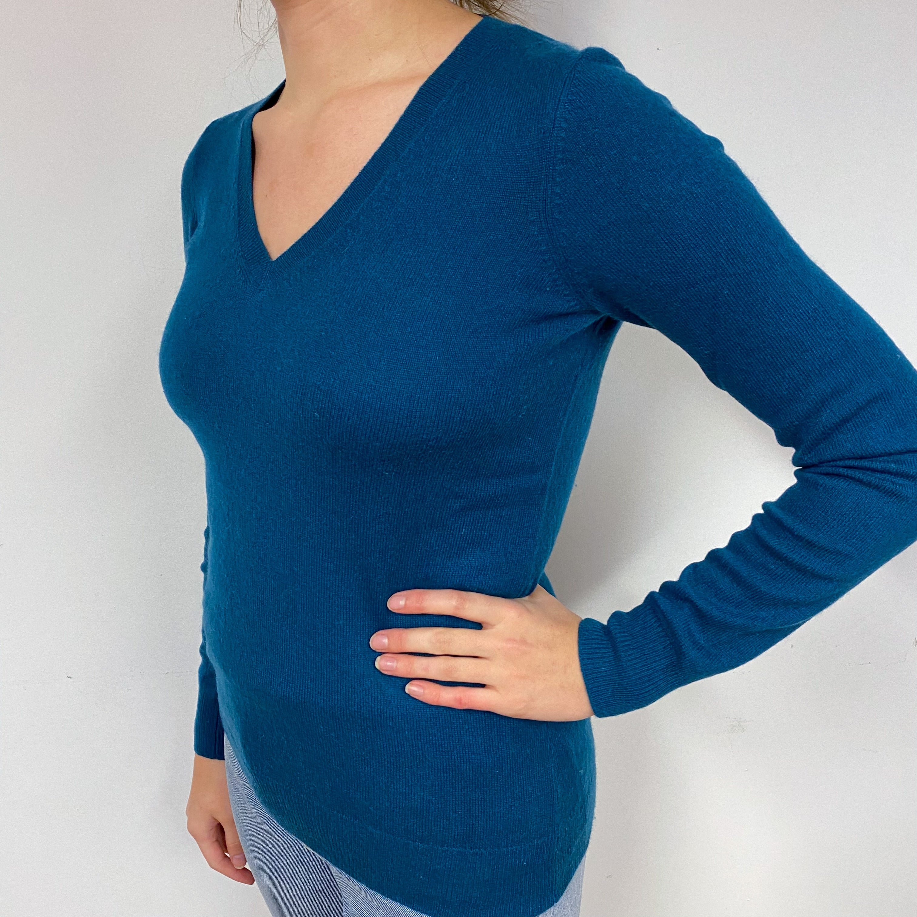 Dark Teal Green Cashmere V-Neck Jumper Small