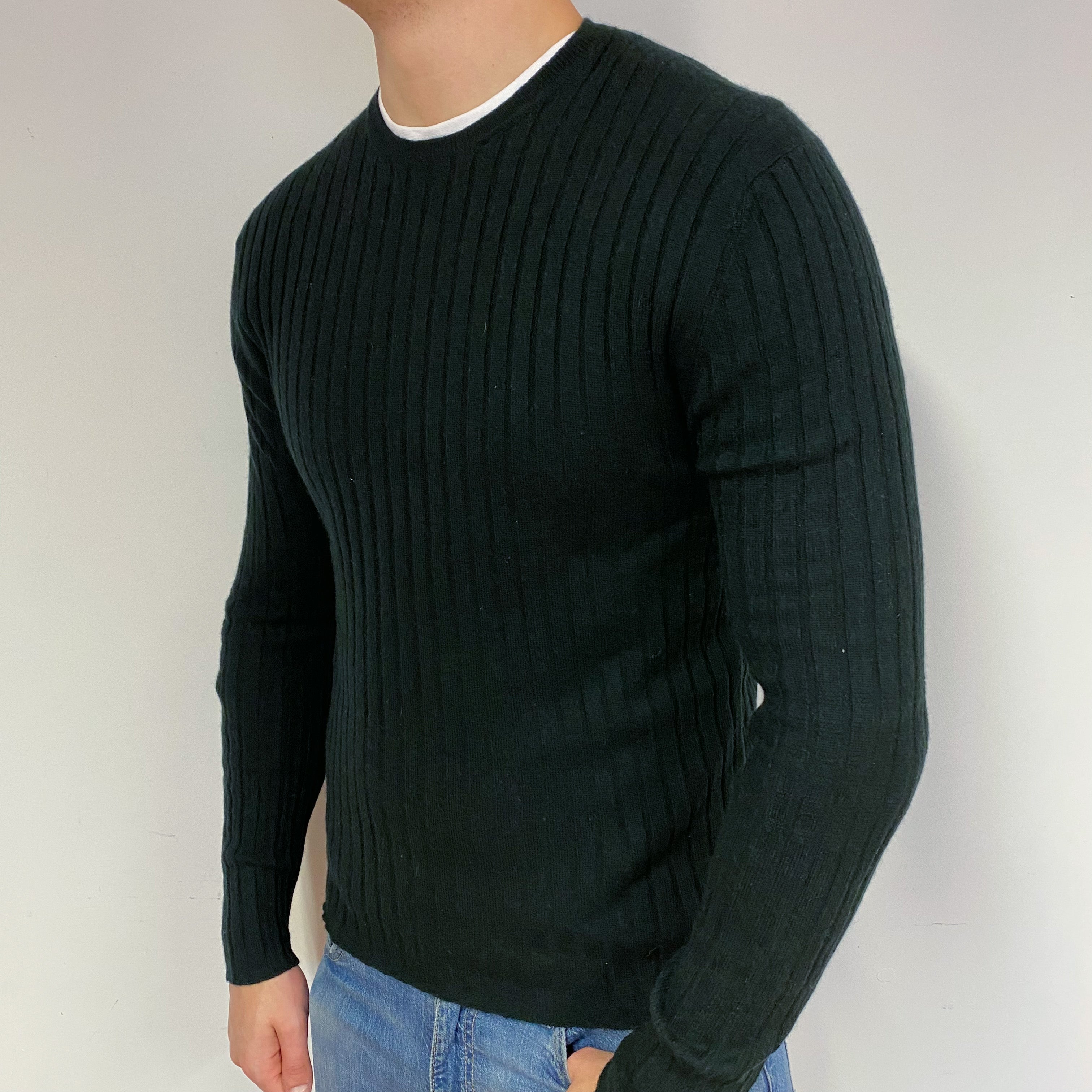 Men's Slim Ribbed Black Cashmere Crew Neck Jumper XL