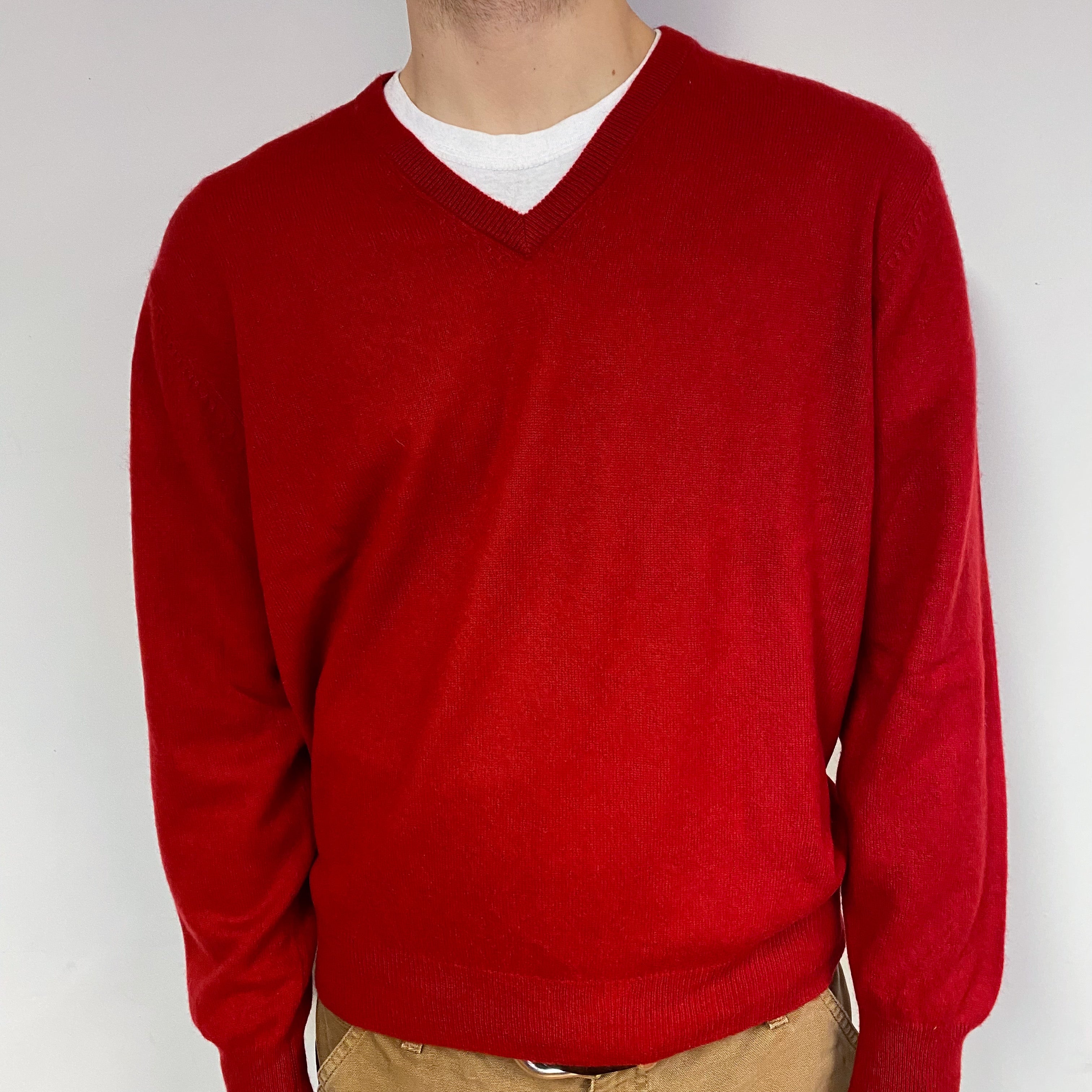 Men's Post Box Red Cashmere V-Neck Jumper Large