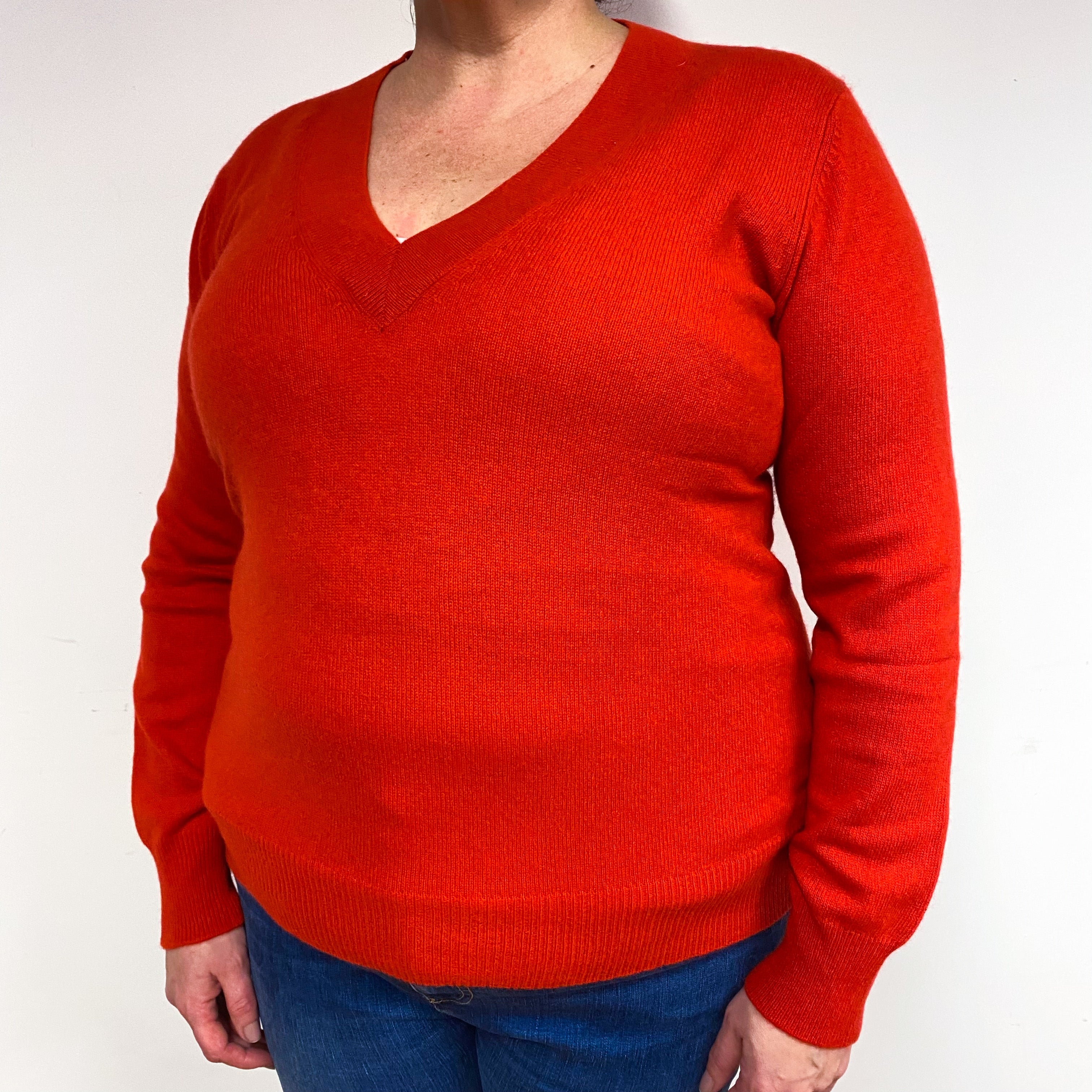 Vermillion Red Cashmere V-Neck Jumper Extra Large