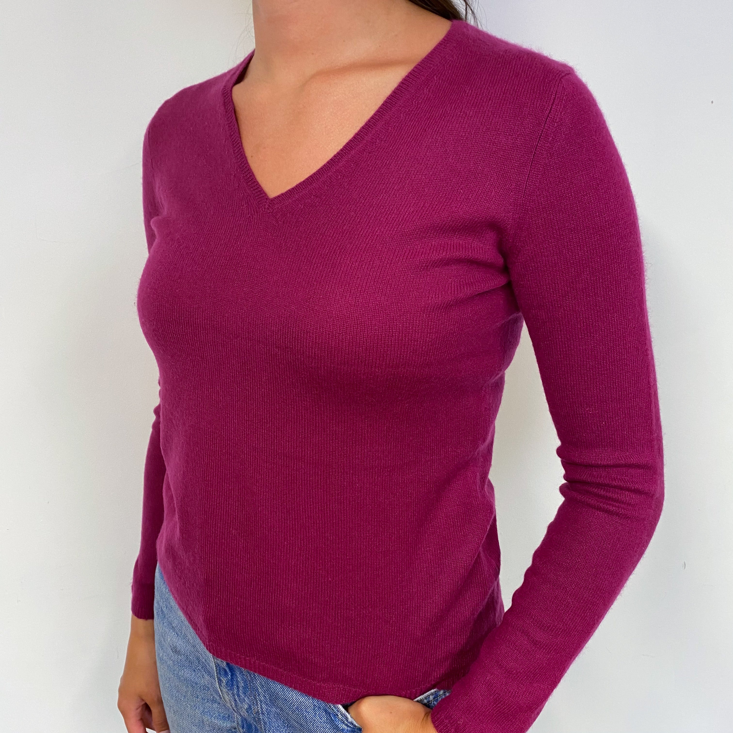 Deep Magenta Pink Cashmere V-Neck Jumper