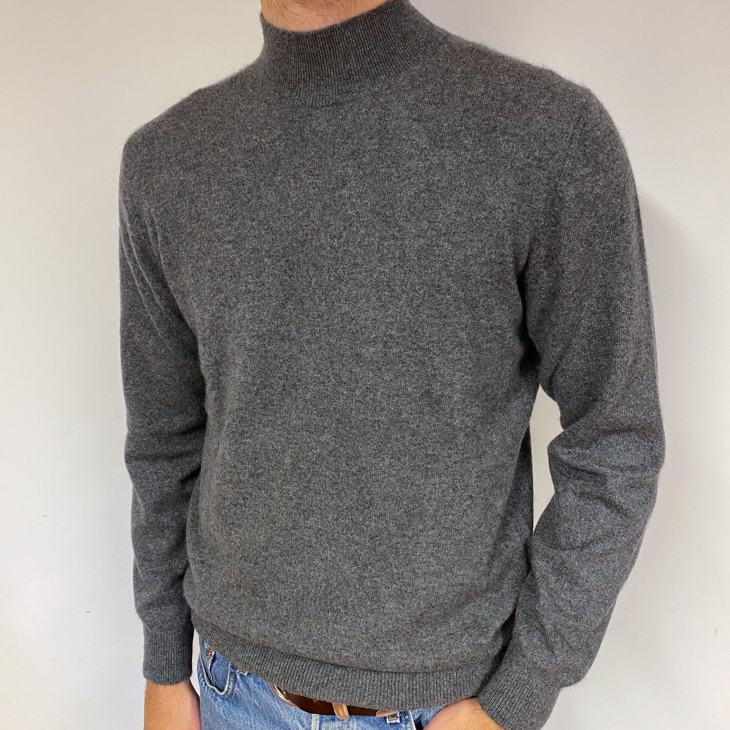 Men's Slate Grey Cashmere Turtle Neck Jumper Large