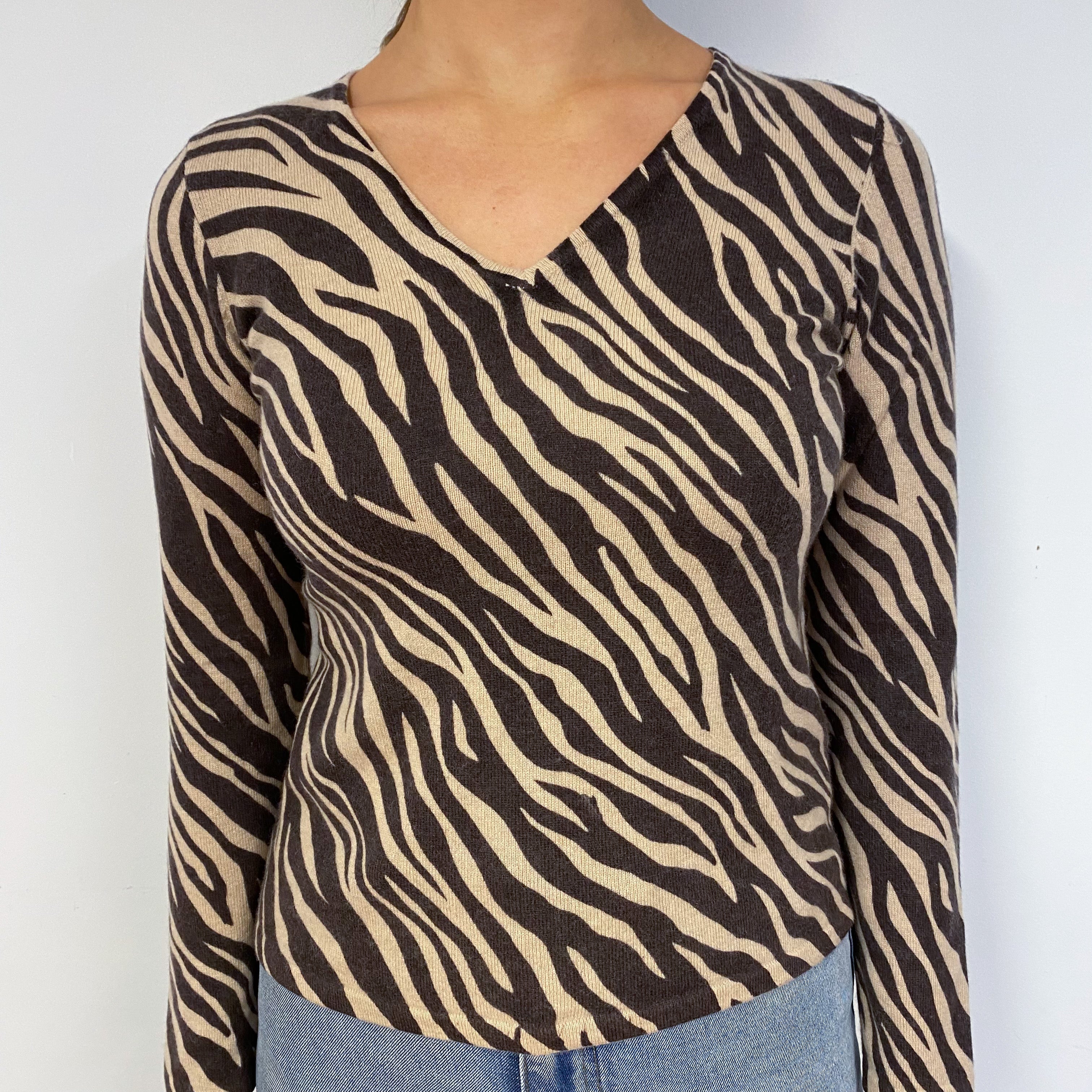 Chocolate Brown Zebra Cashmere V-Neck Jumper Small