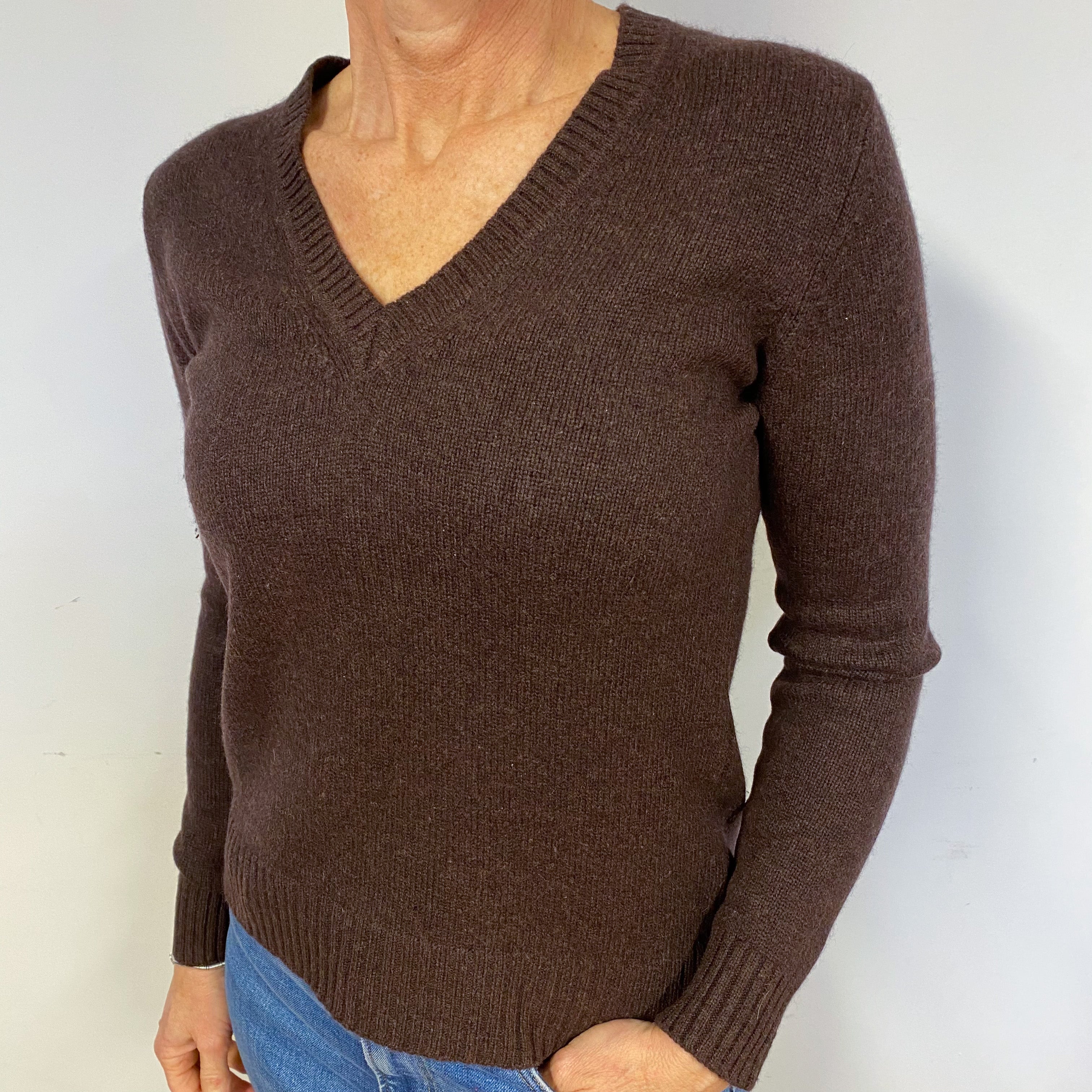 Chocolate Brown Cashmere V-Neck Jumper Medium