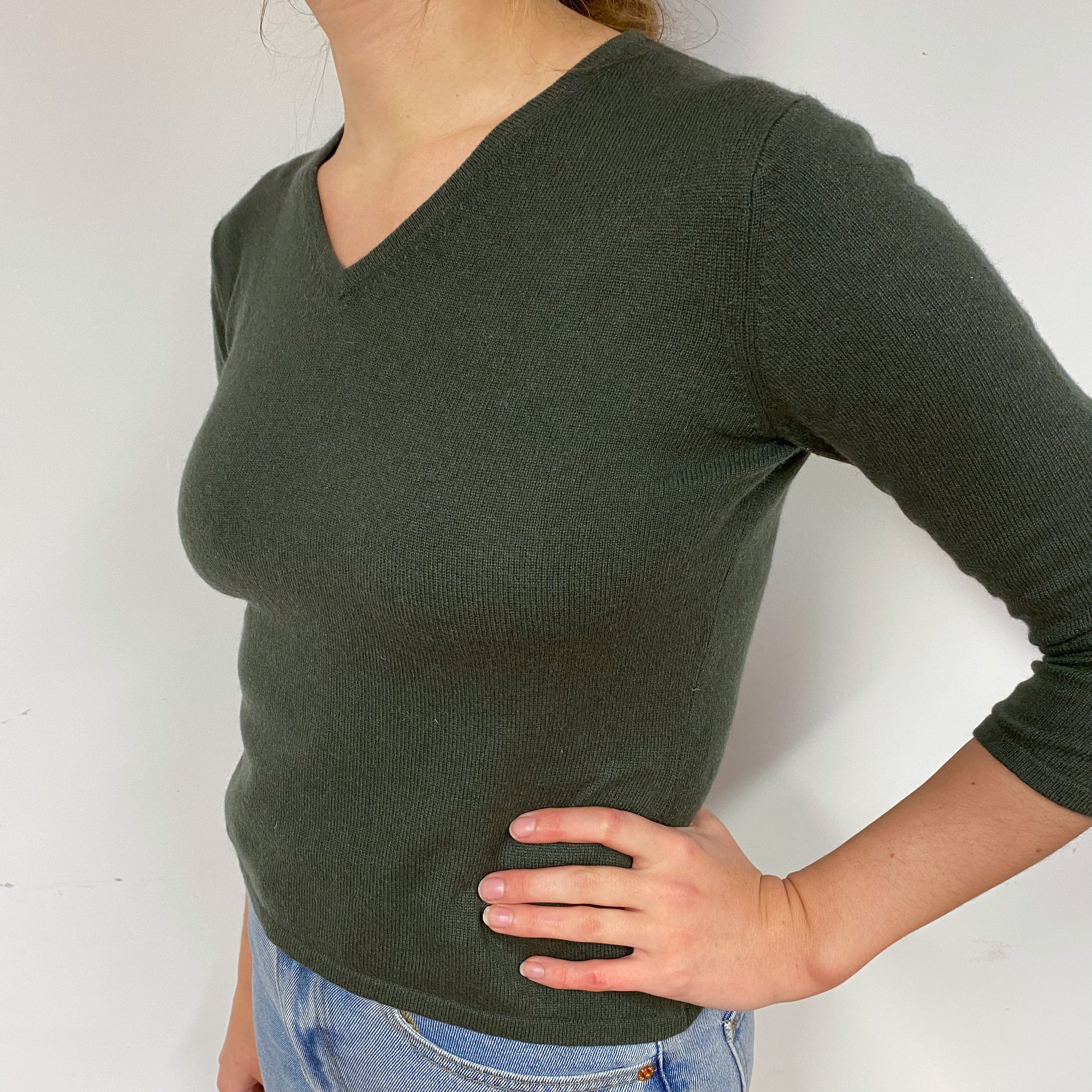 Dark Khaki Green Cashmere V-Neck Jumper Small