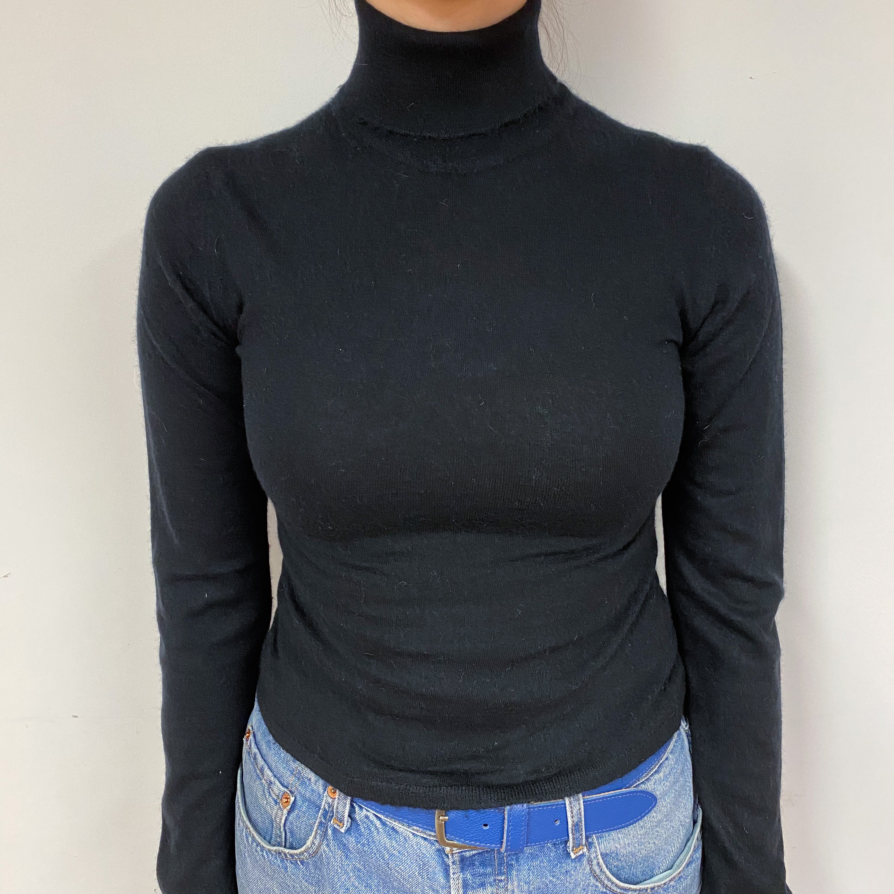 Lightweight Black Cashmere Polo Neck Jumper Small