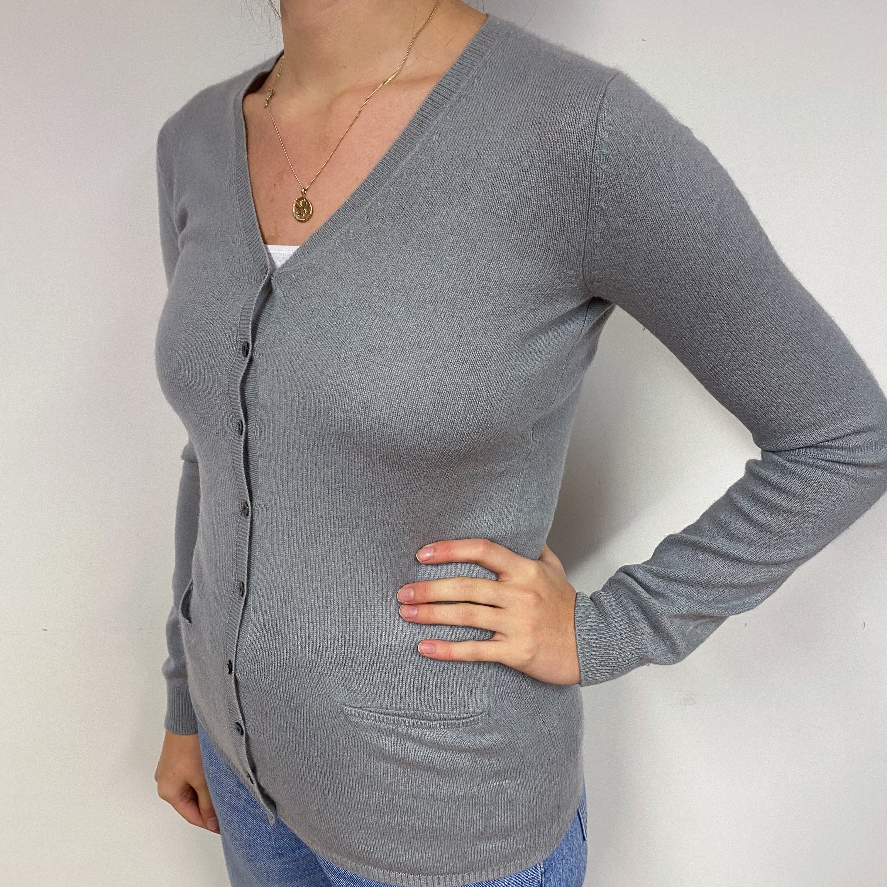 Dusty Grey Cashmere V-Neck Cardigan with Pockets Small