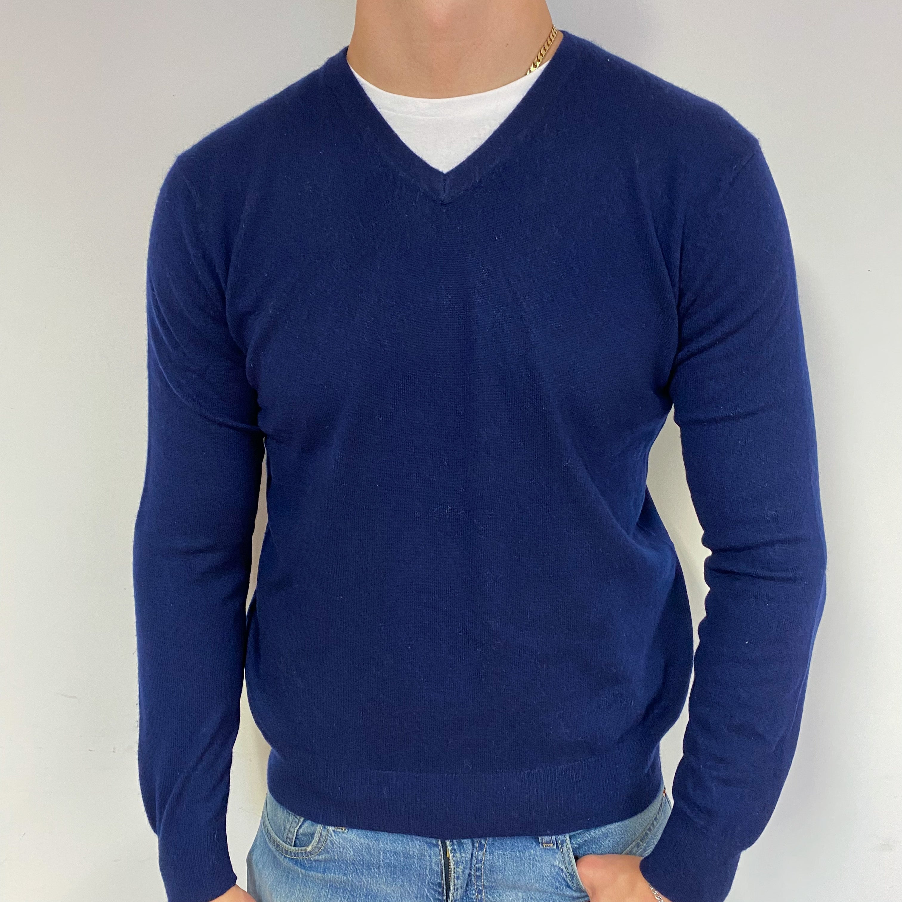 Men's French Navy Cashmere V-Neck Jumper XL