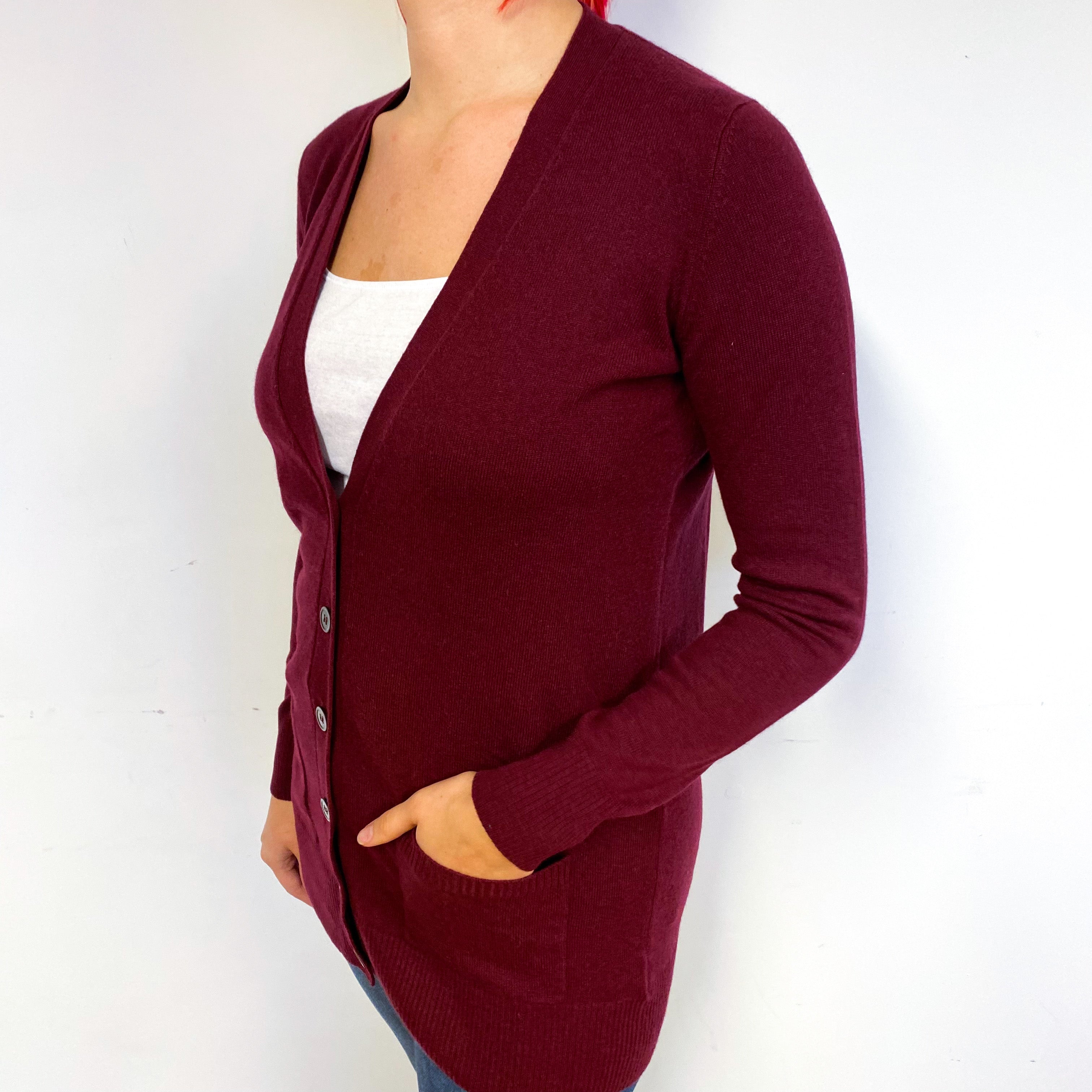 Wine Red Longline Cashmere V-Neck Cardigan Small