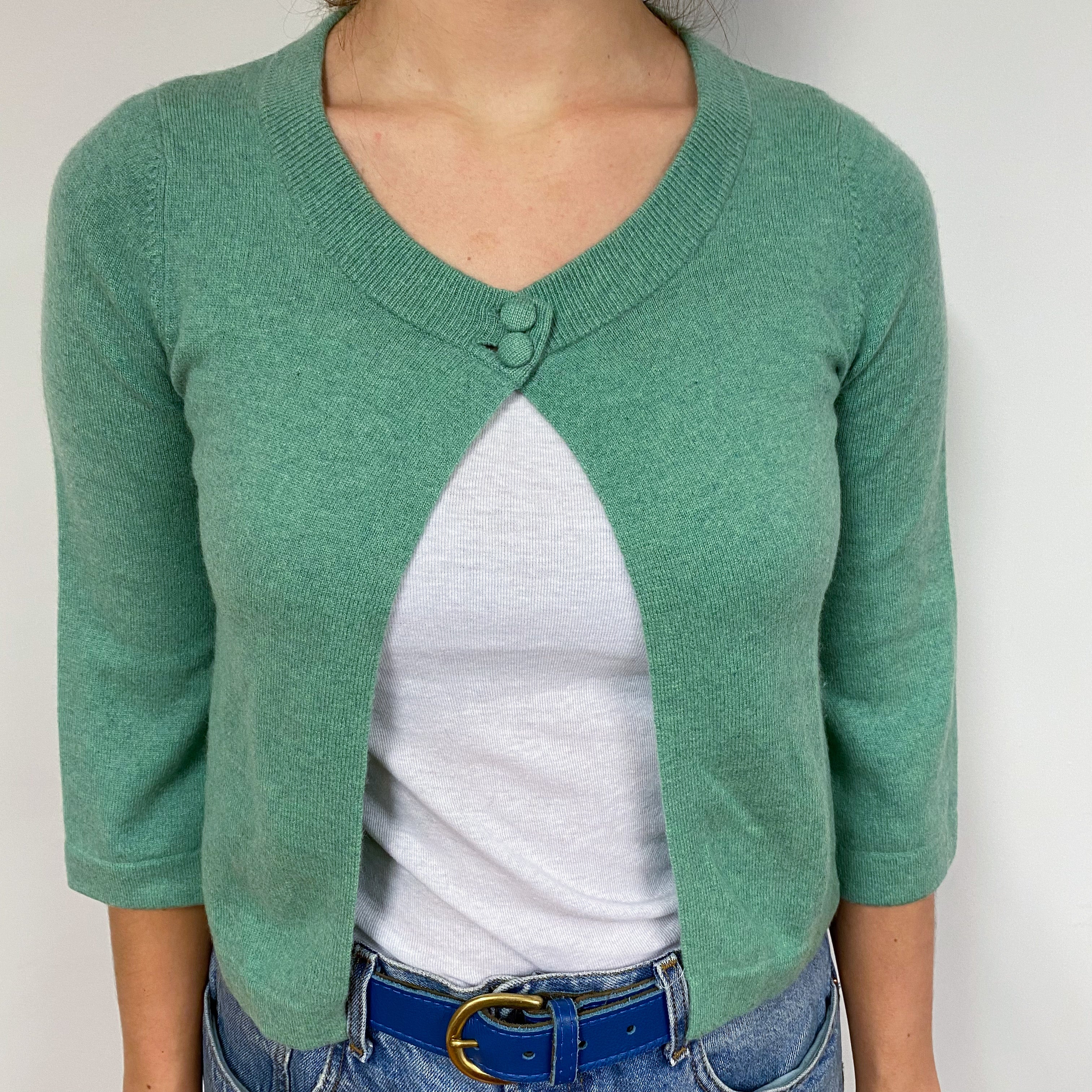 Soft Green 3/4 Sleeve Cashmere Cropped Cardigan Small