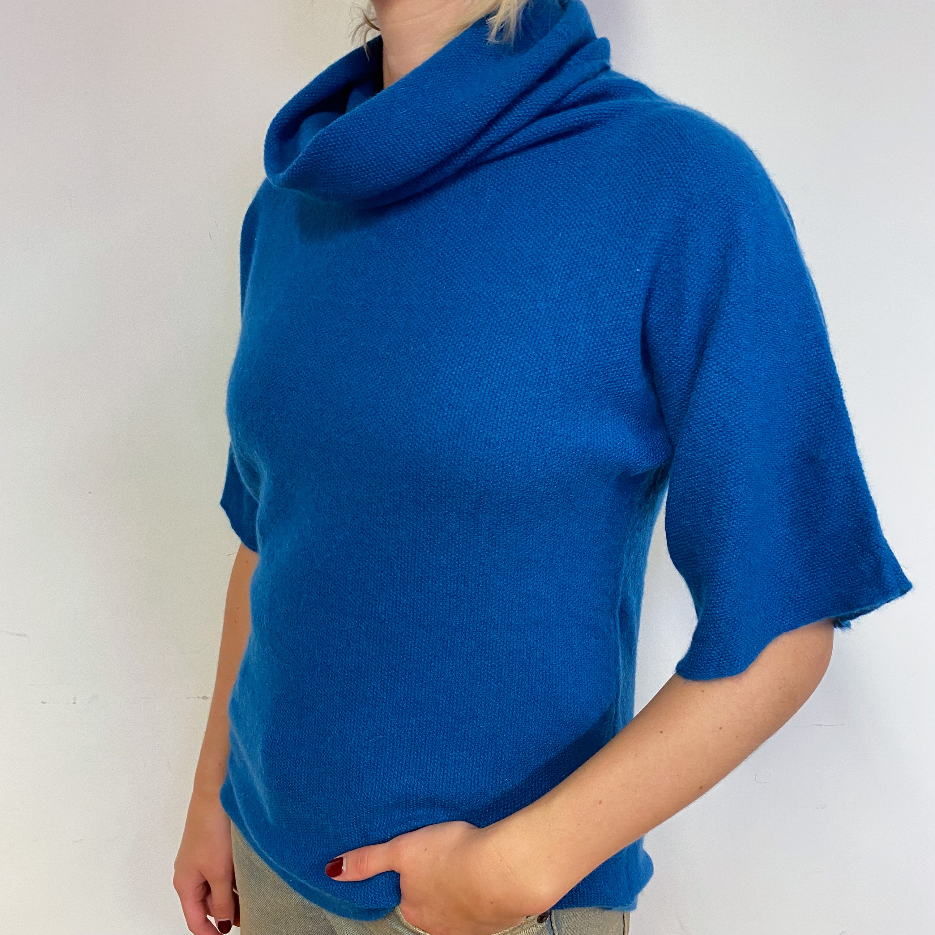 Peacock Blue Batwing Cashmere Cowl Neck Jumper Small