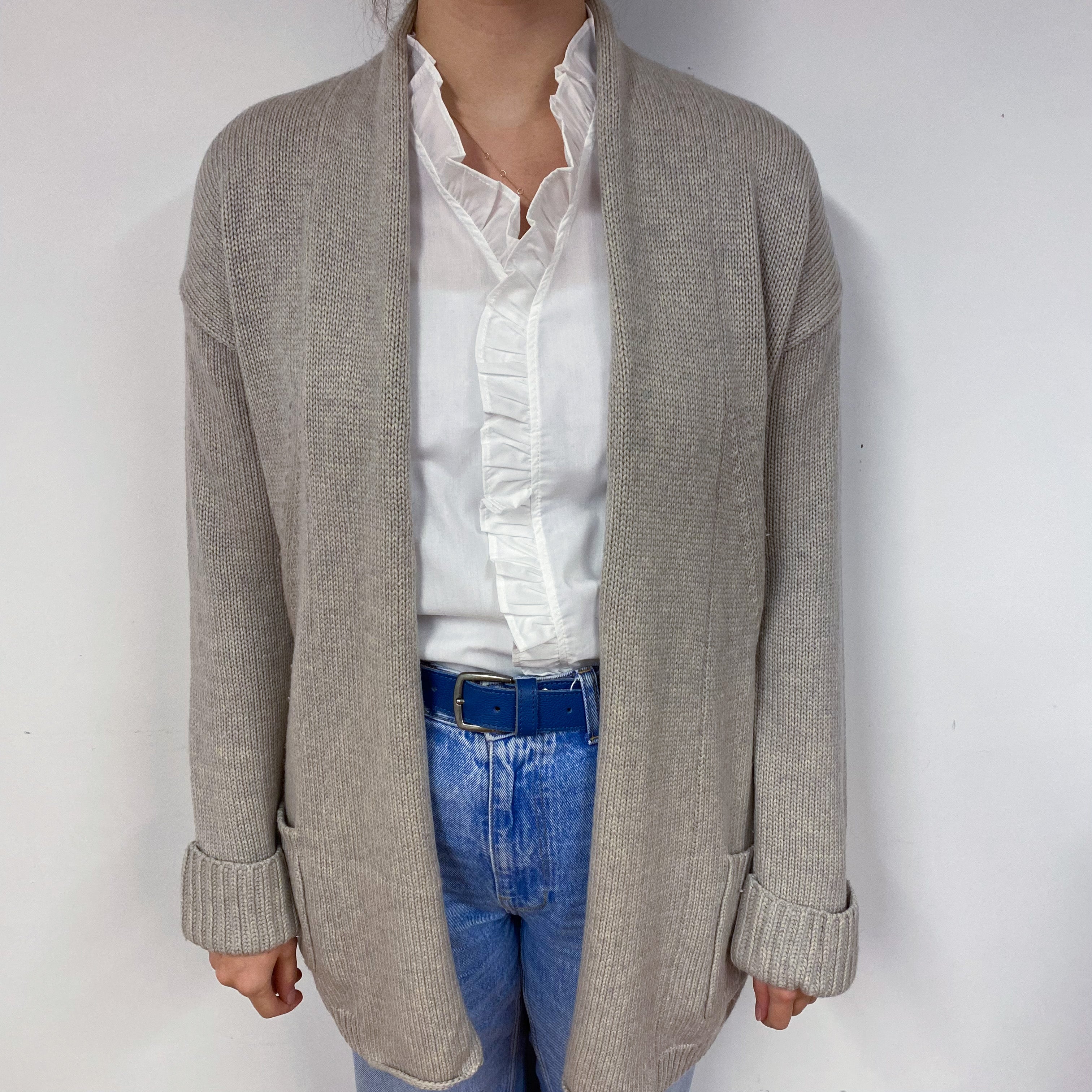 Chunky Mist Grey Cashmere Edge to Edge Cardigan Small