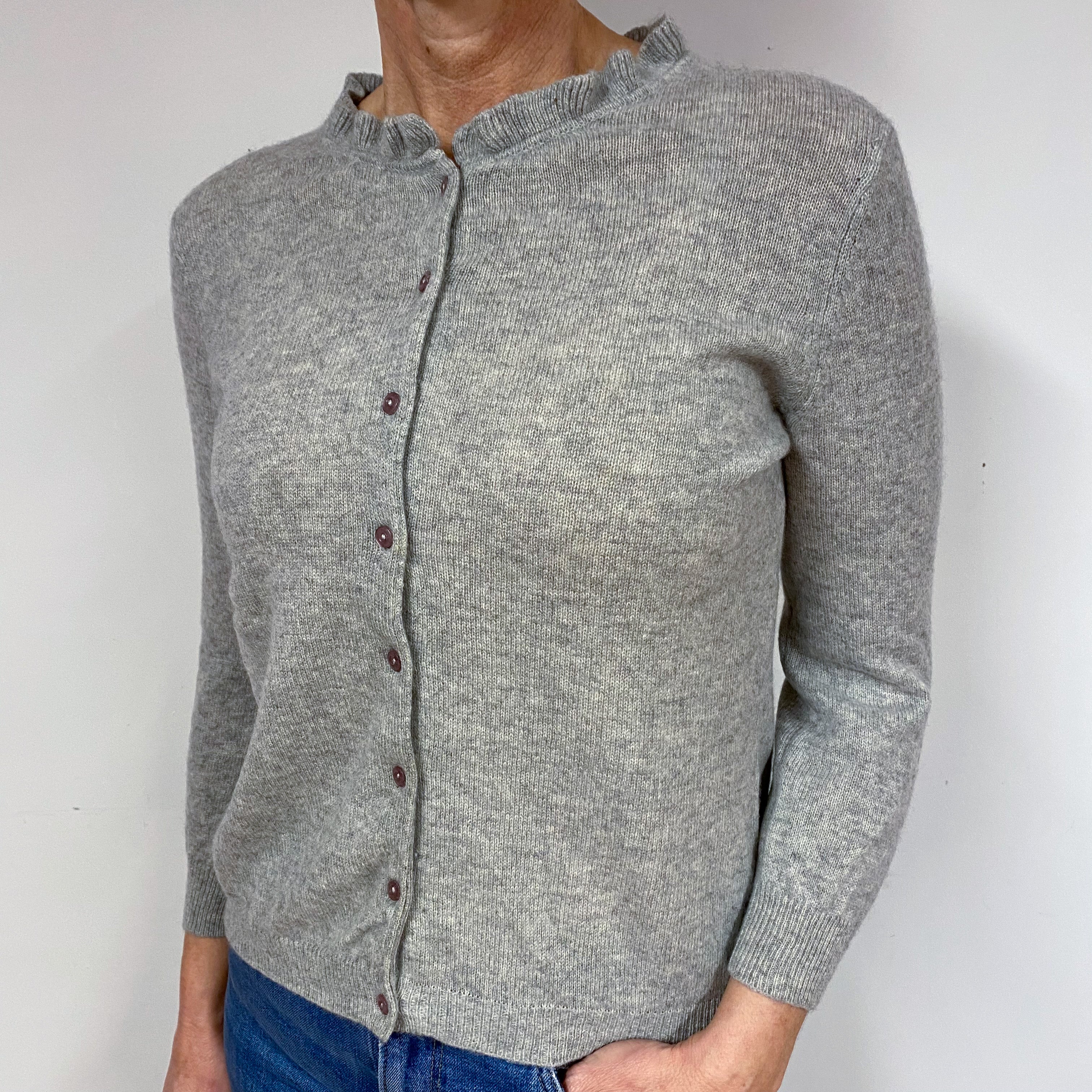 Smoke Grey Frill Cashmere Crew Neck Cardigan Medium