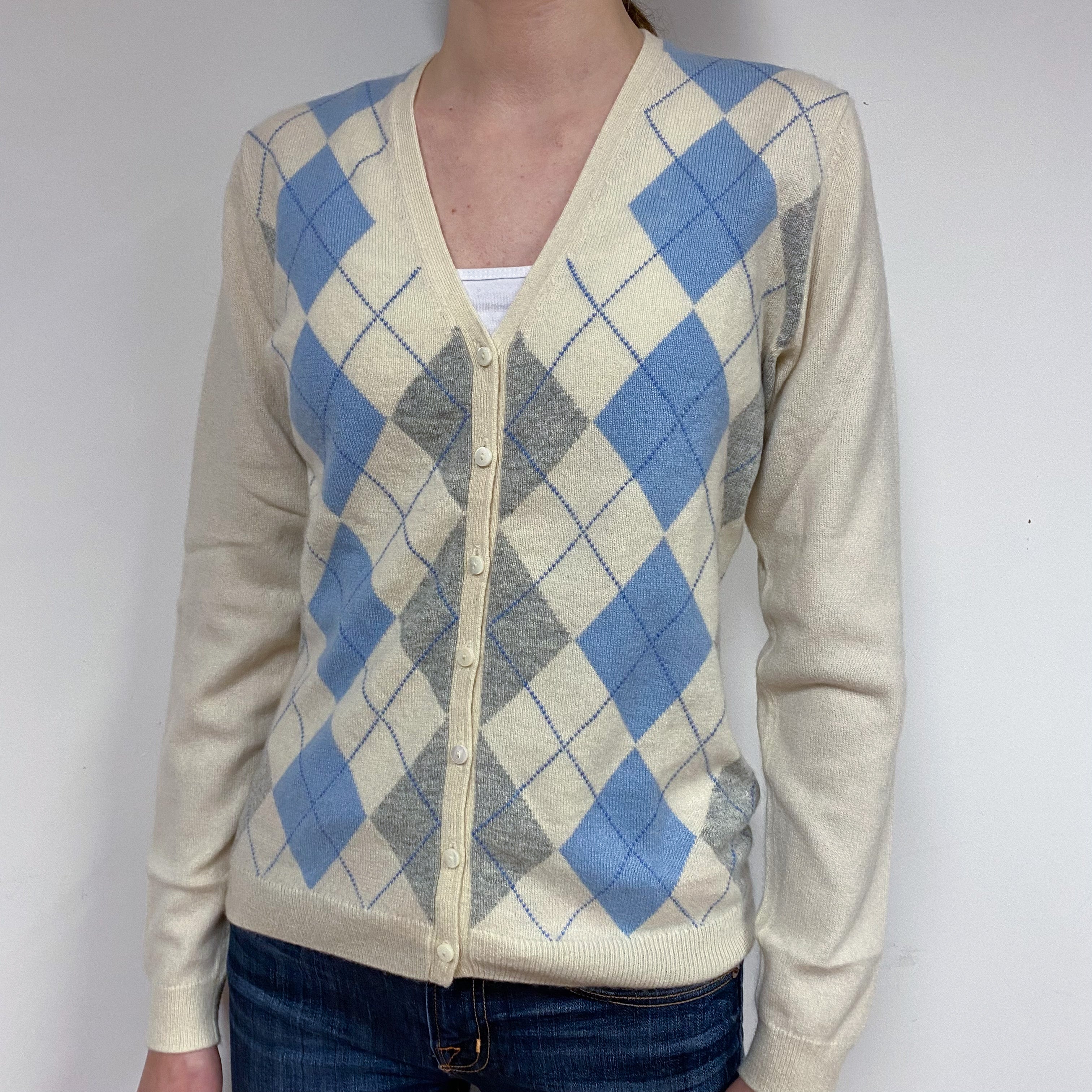 Vanilla Cream Diamond Cashmere V-Neck Cardigan Extra Small