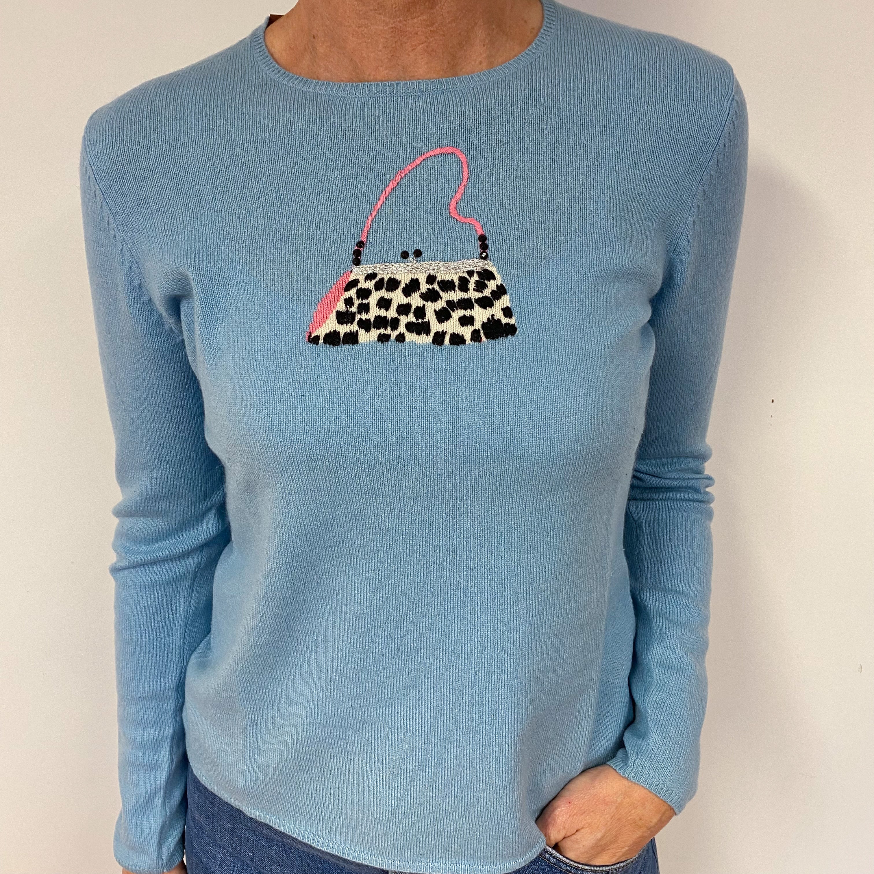 Pale Blue Handbag Cashmere Crew Neck Jumper