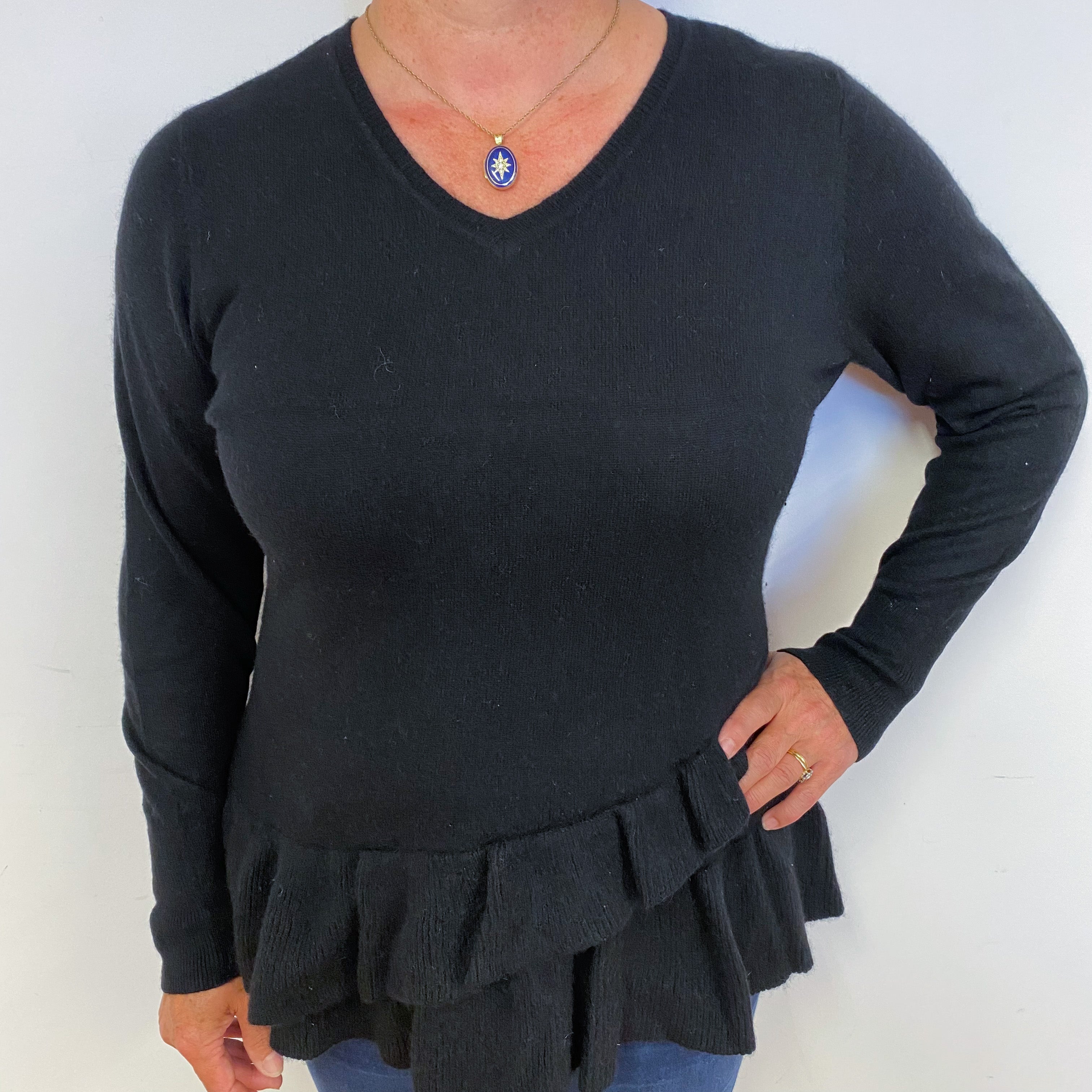 Black Frilly V Neck Cashmere Jumper