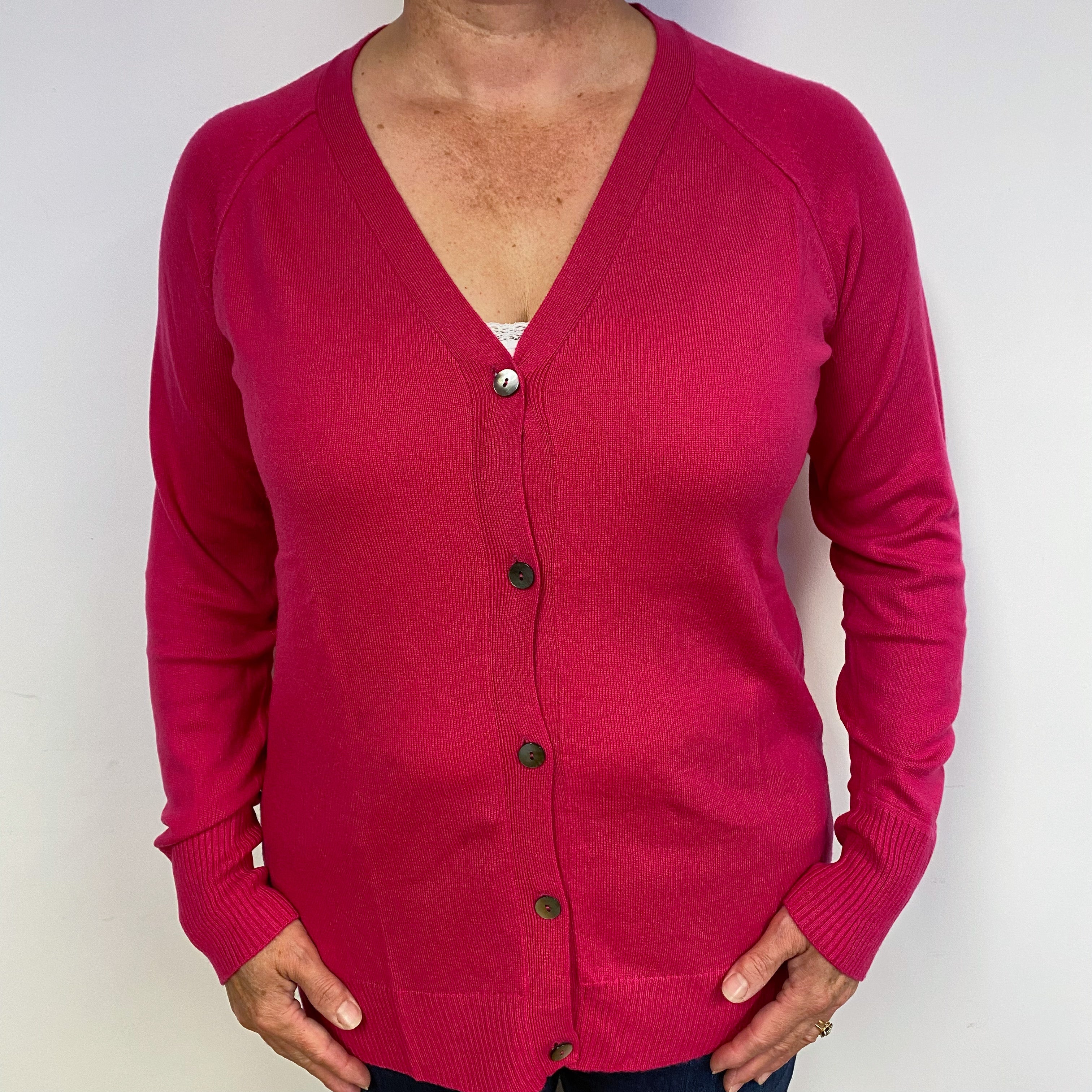 Deep Fuchsia Pink Cashmere V Neck Cardigan