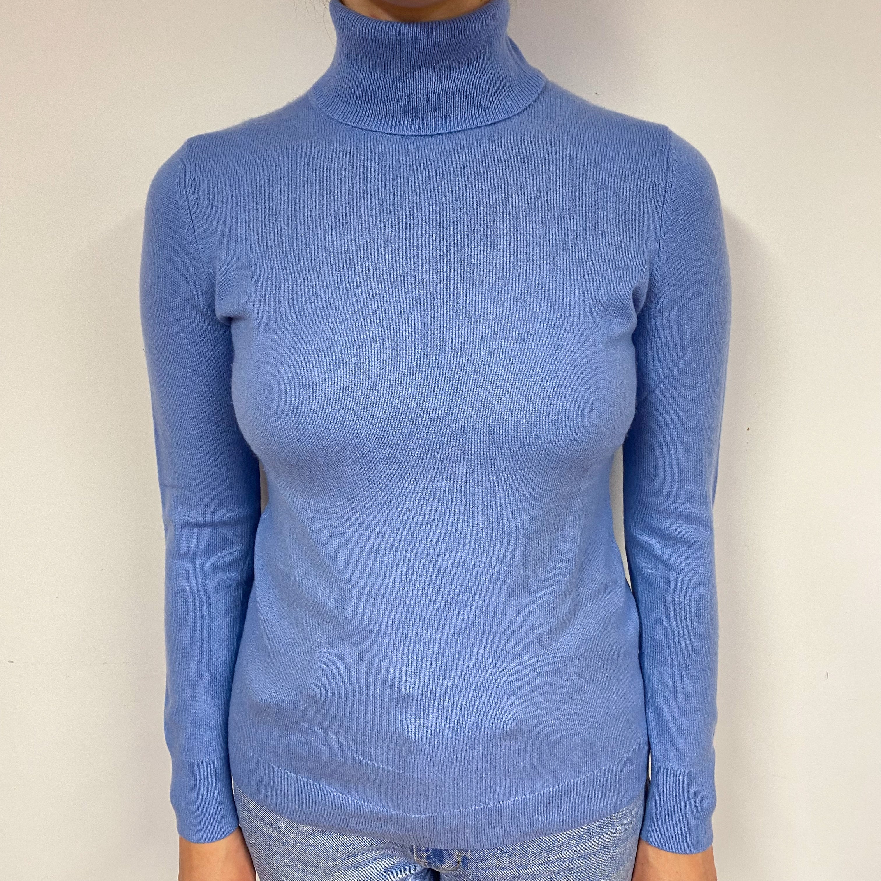 Deep Sky Blue Cashmere Polo Neck Jumper Small