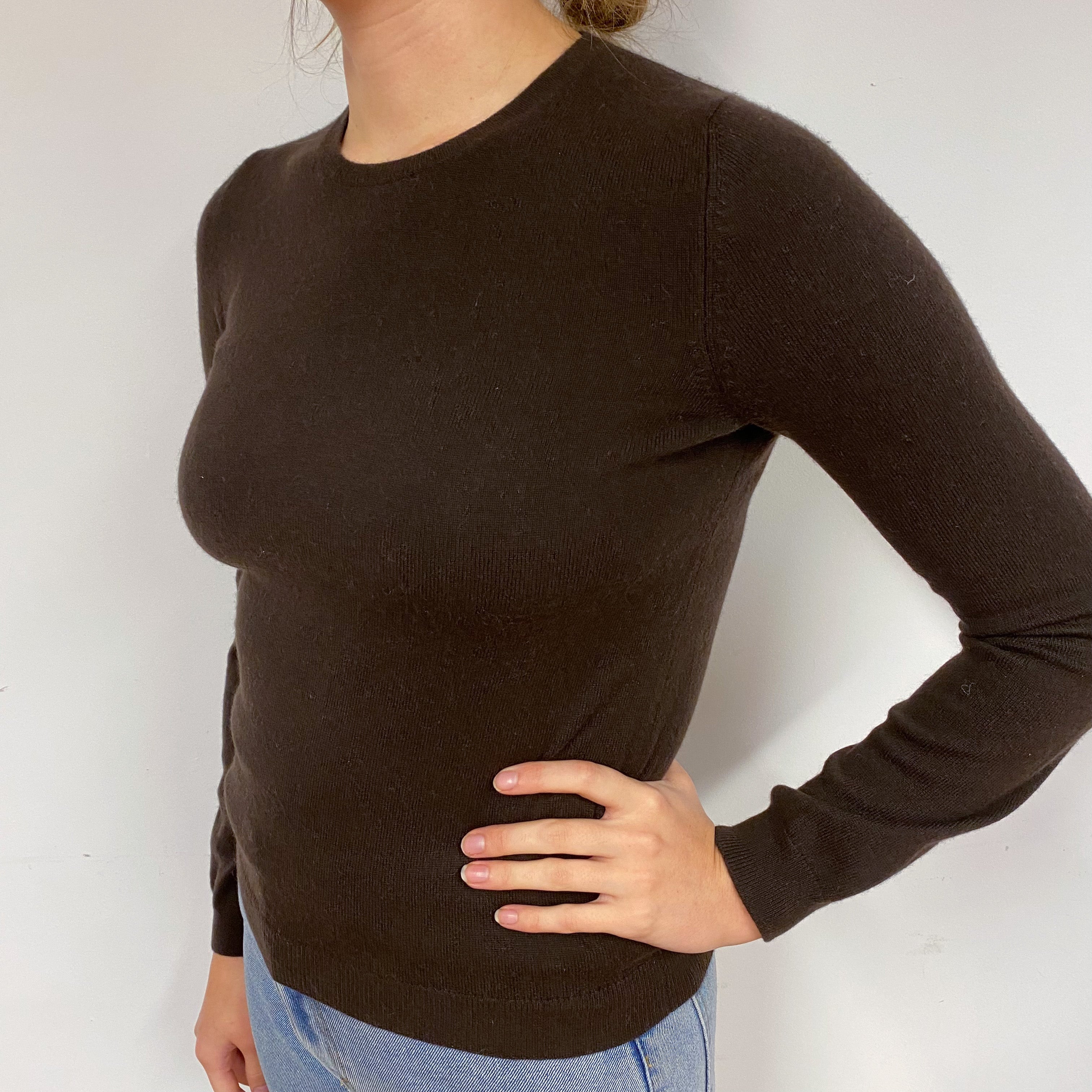 Dark Chocolate Brown Cashmere Crew Neck Jumper Small