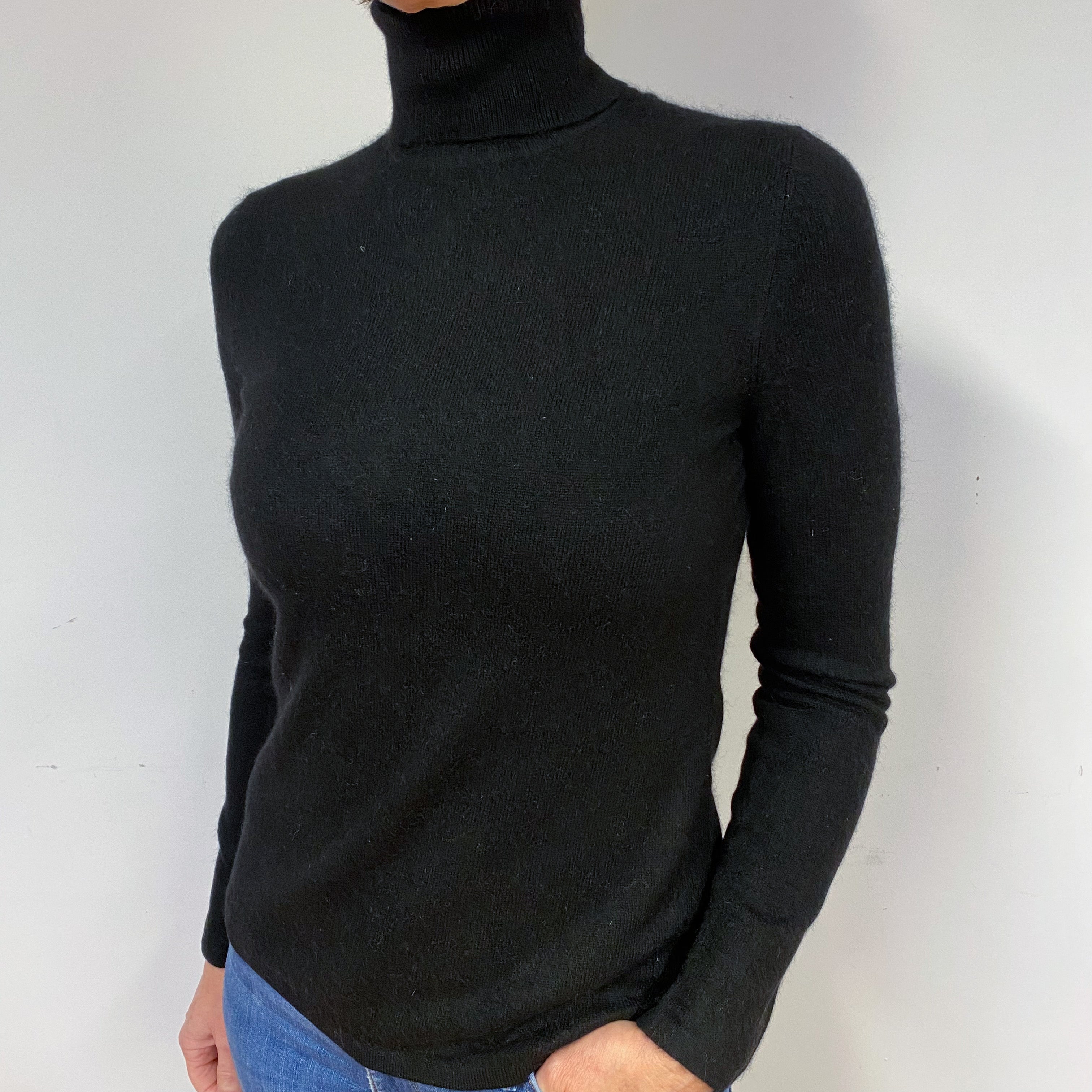 Slim Black Cashmere Polo Neck Jumper Medium